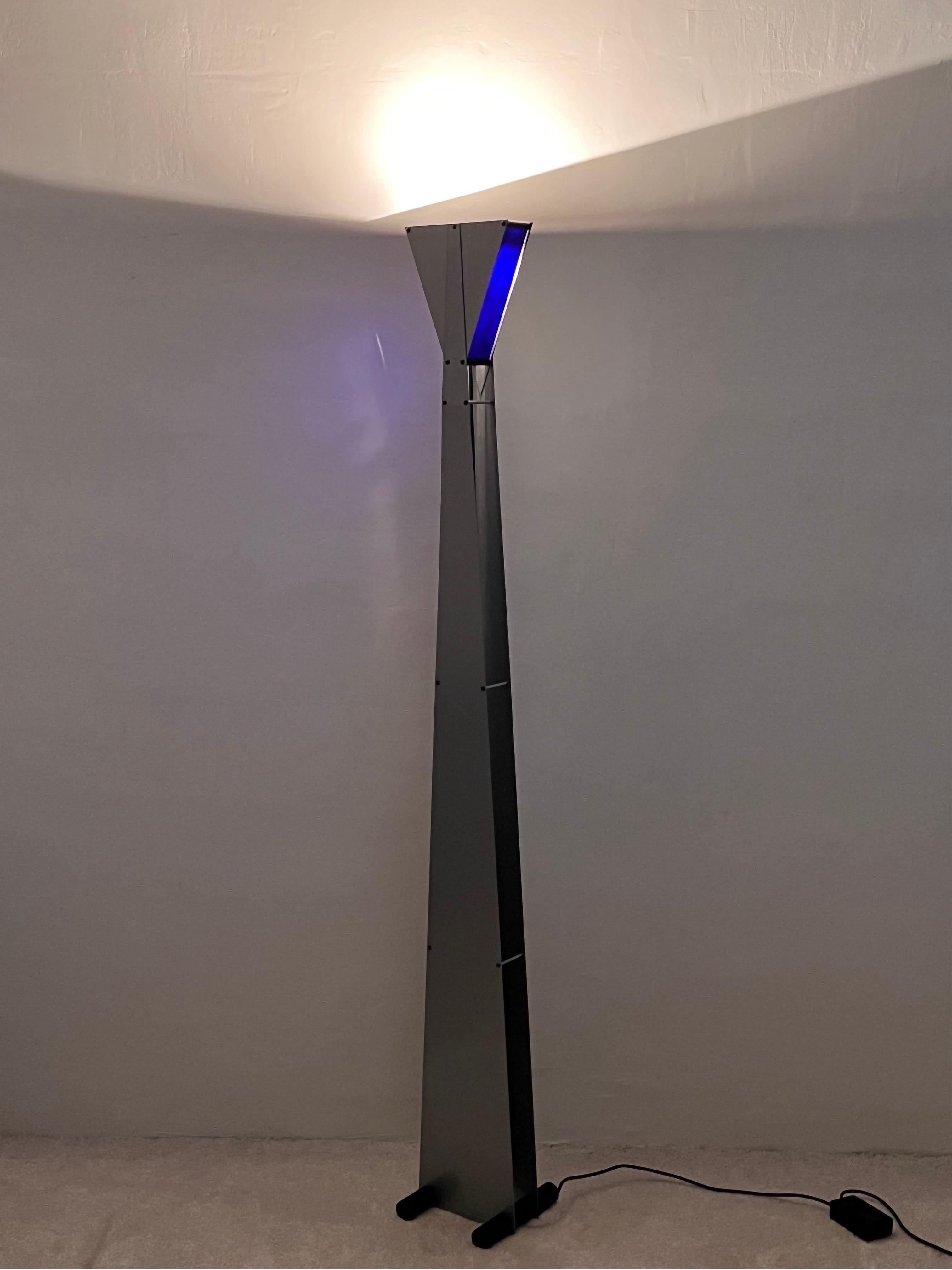 Postmodern Steel and Blue Glass Torchiere Floor Lamp, 1980s For Sale 1