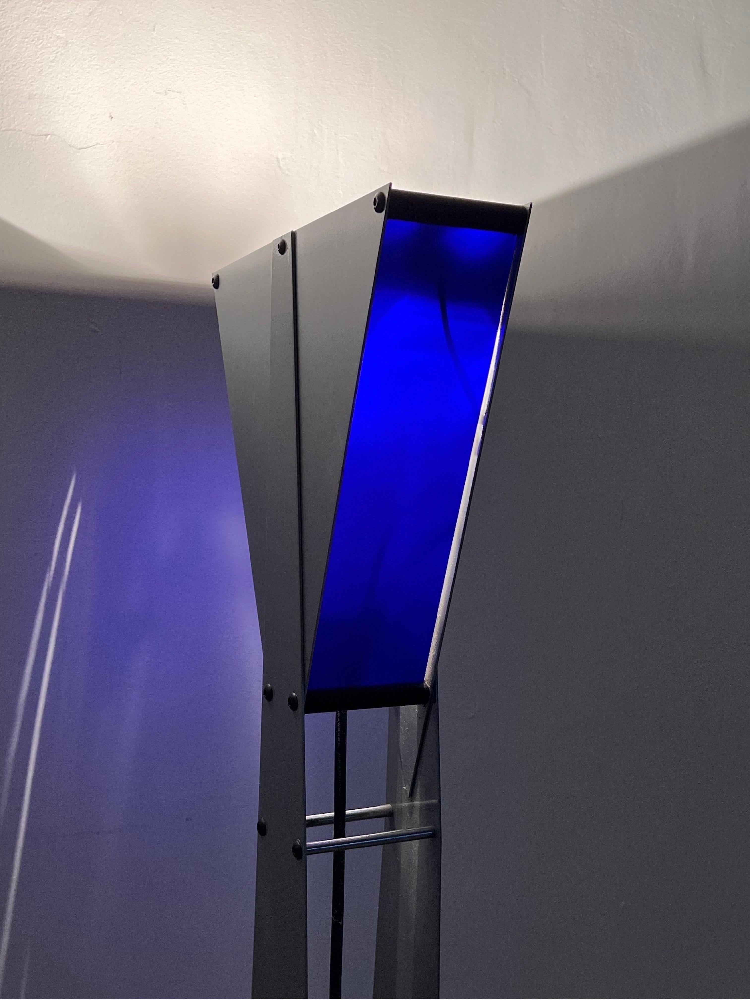 Postmodern Steel and Blue Glass Torchiere Floor Lamp, 1980s For Sale 3