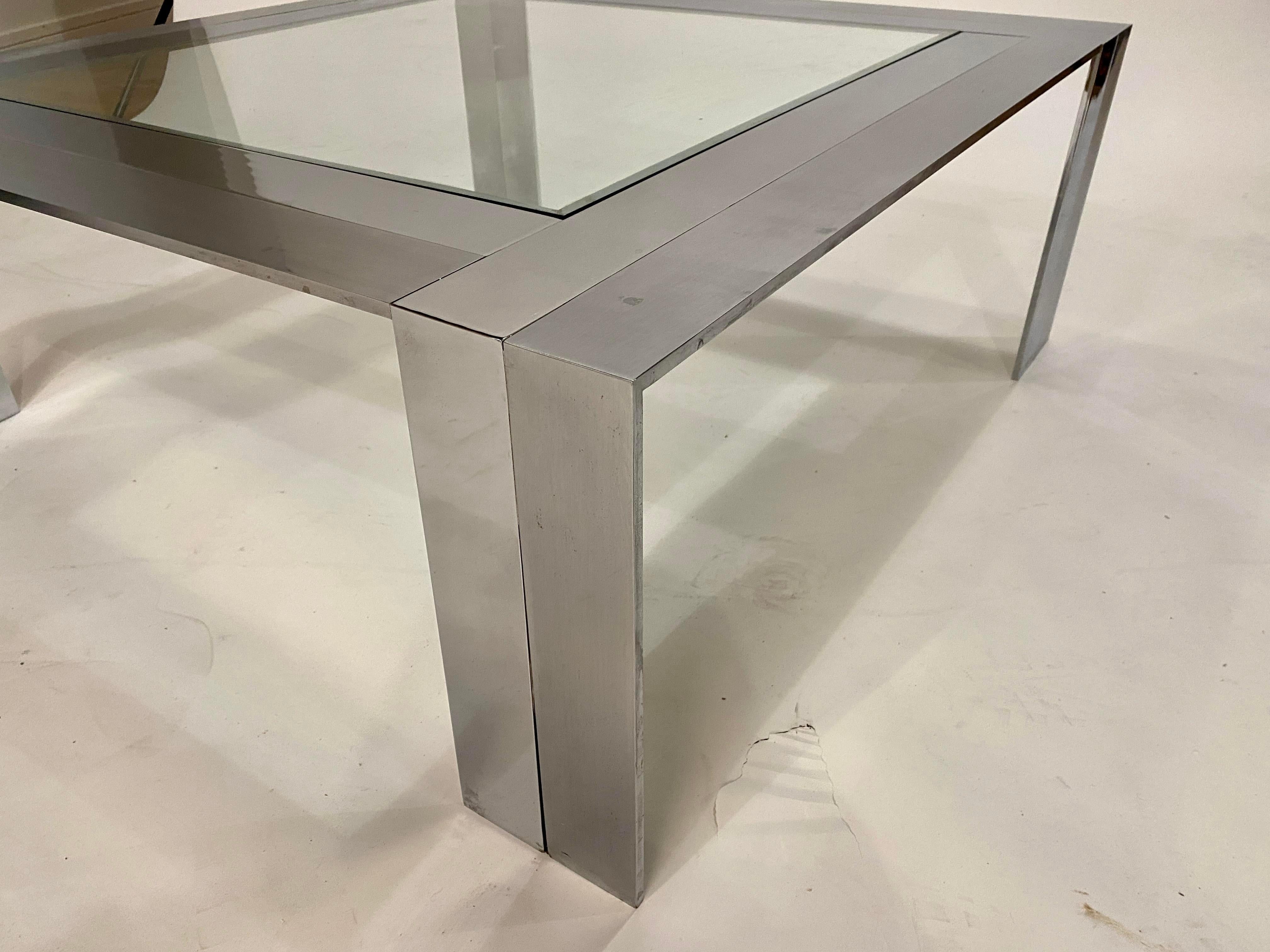 Brushed Postmodern Steel and Glass Cocktail Table by Elaine Cohen For Sale