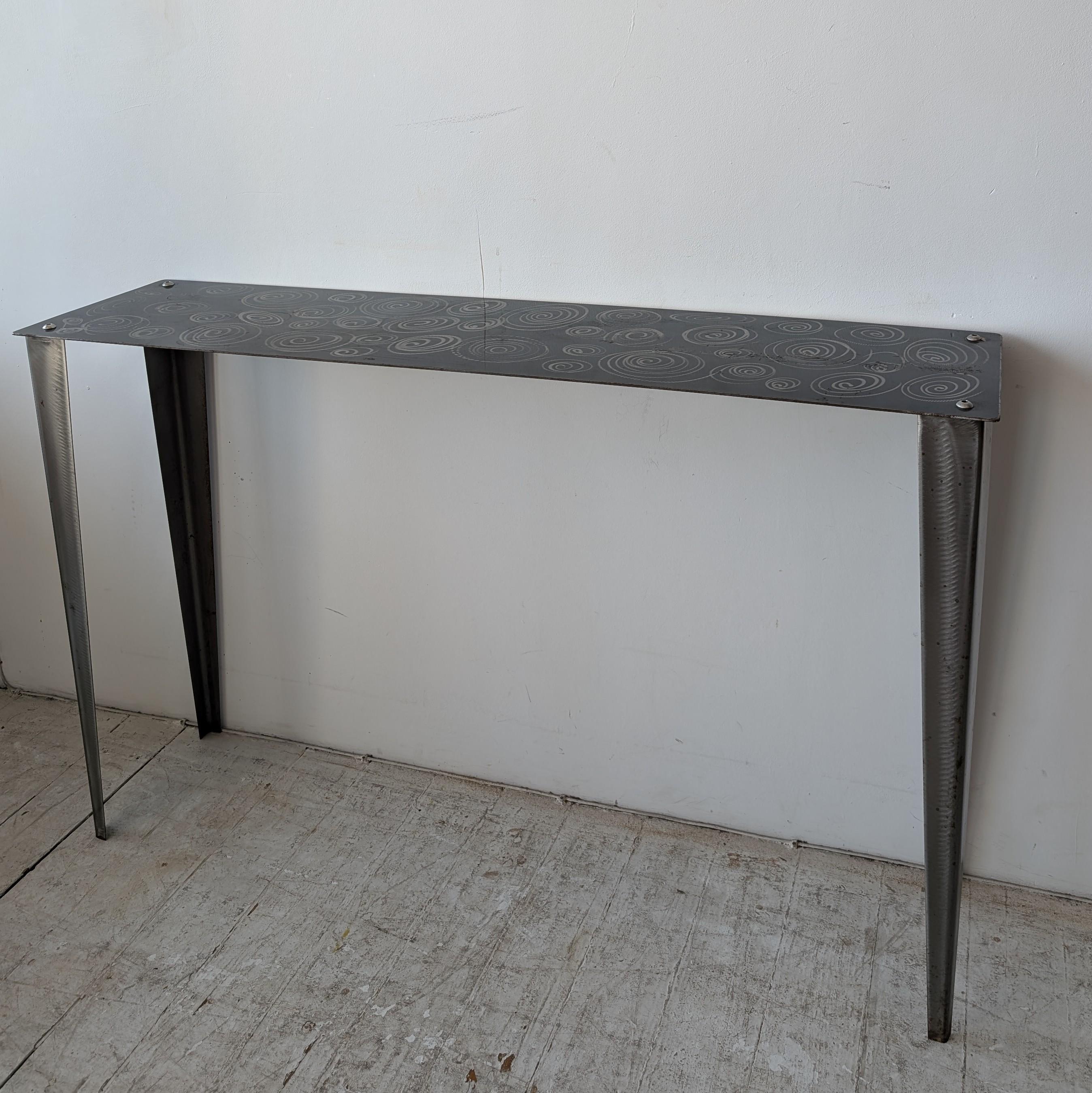 Post-Modern Postmodern steel console table with spiral squiggle design USA 1980s / 1990s For Sale