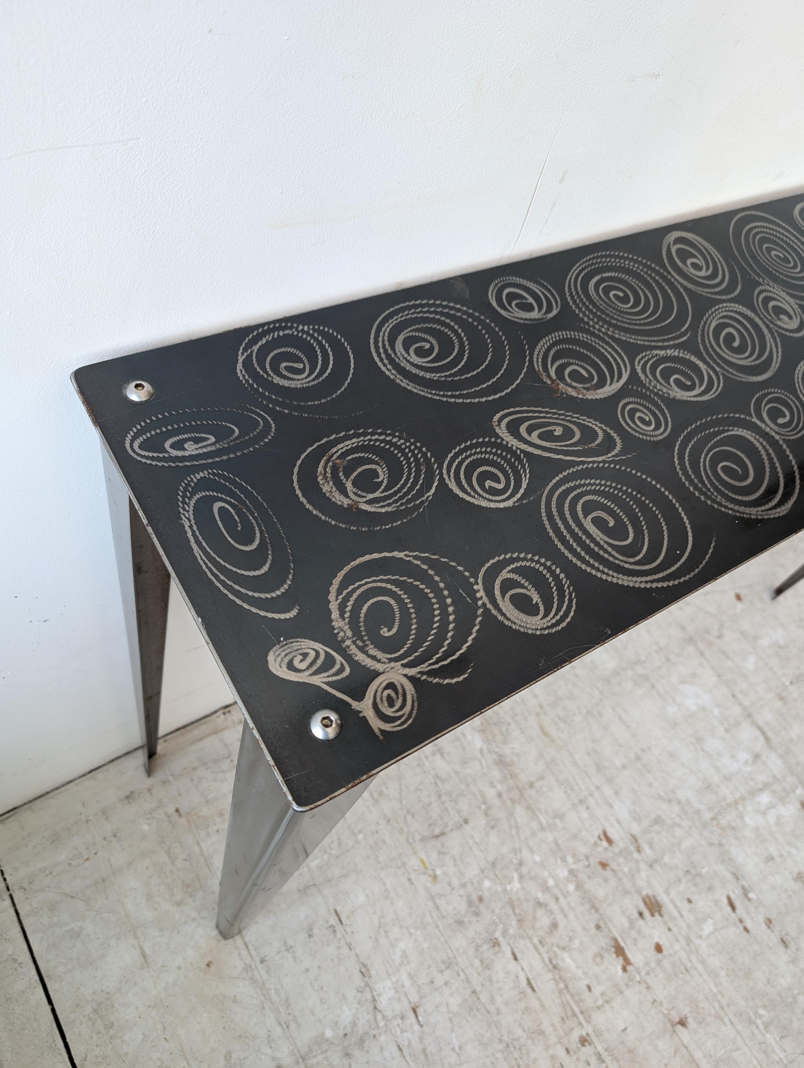 Postmodern steel console table with spiral squiggle design USA 1980s / 1990s In Good Condition For Sale In Hastings, GB
