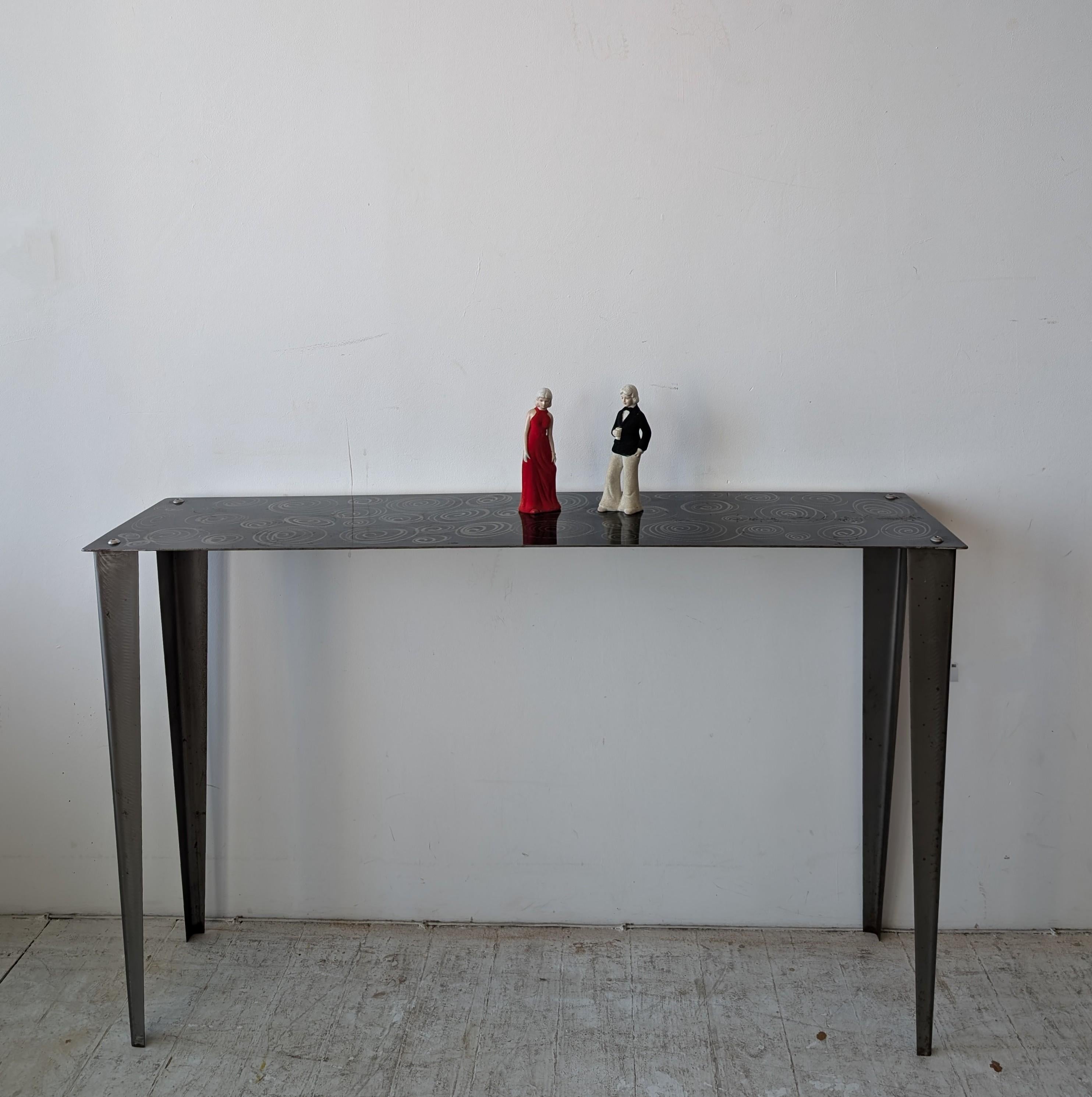 20th Century Postmodern steel console table with spiral squiggle design USA 1980s / 1990s For Sale