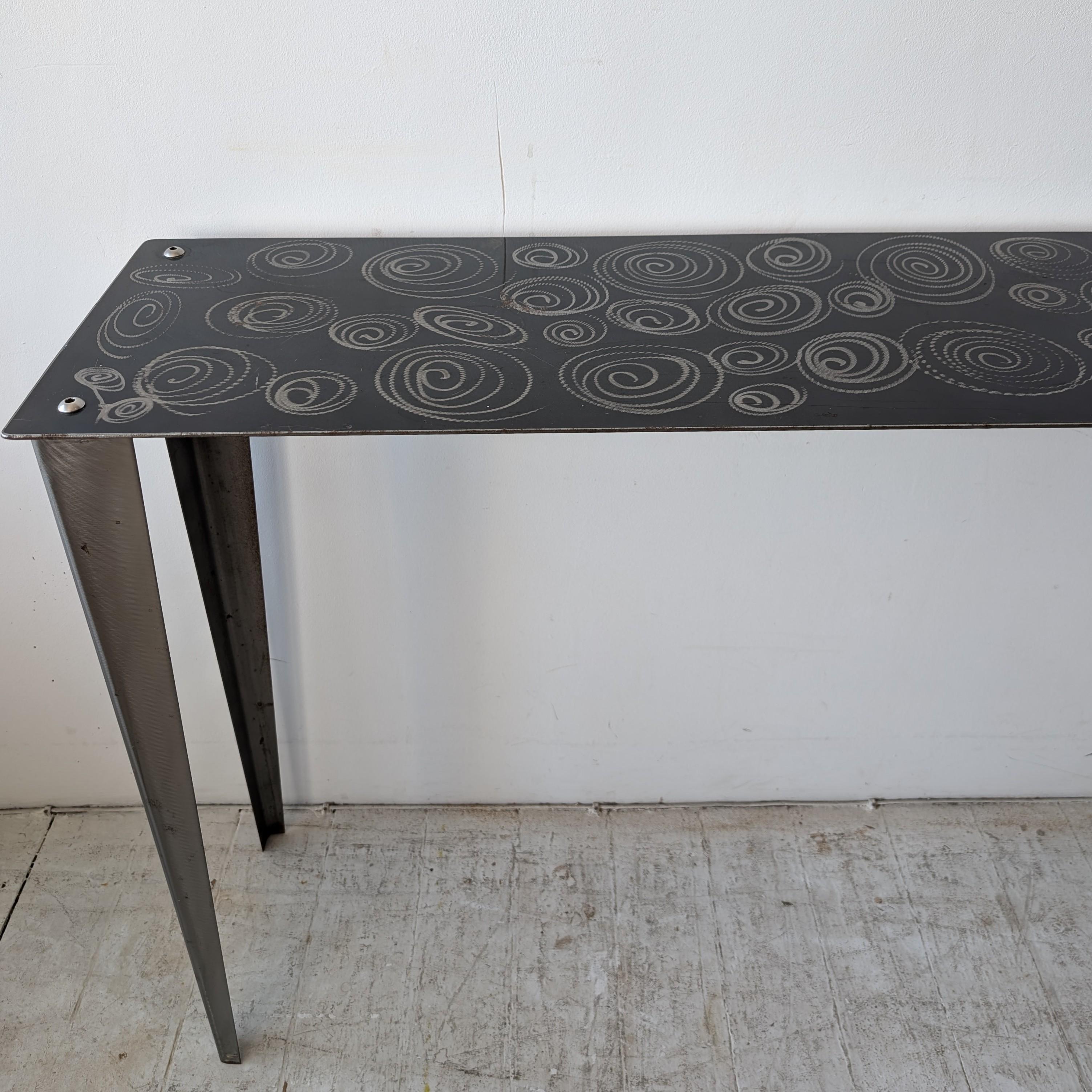Steel Postmodern steel console table with spiral squiggle design USA 1980s / 1990s For Sale
