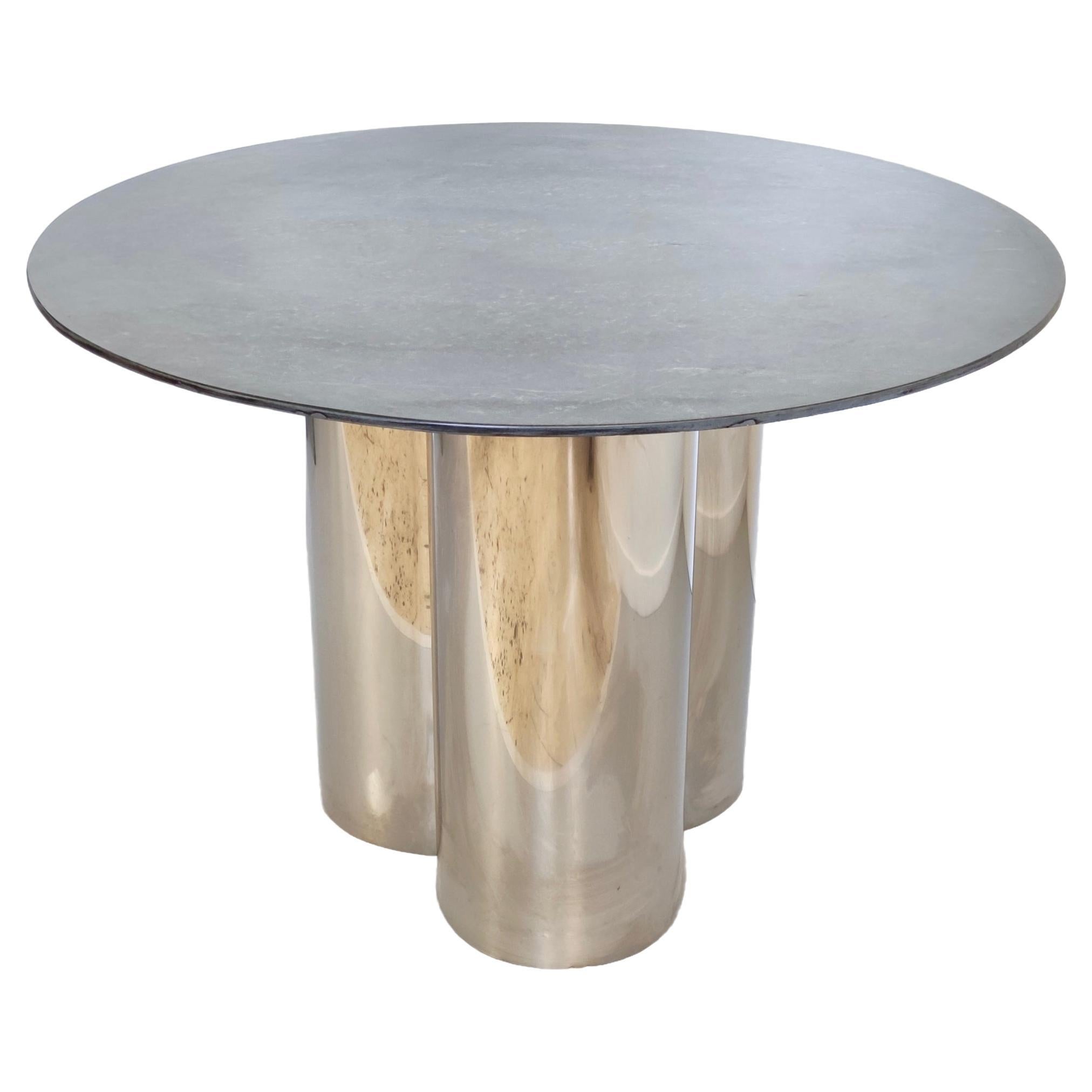 Postmodern Steel Dining Table with a Round Green Marble Top, Italy For Sale