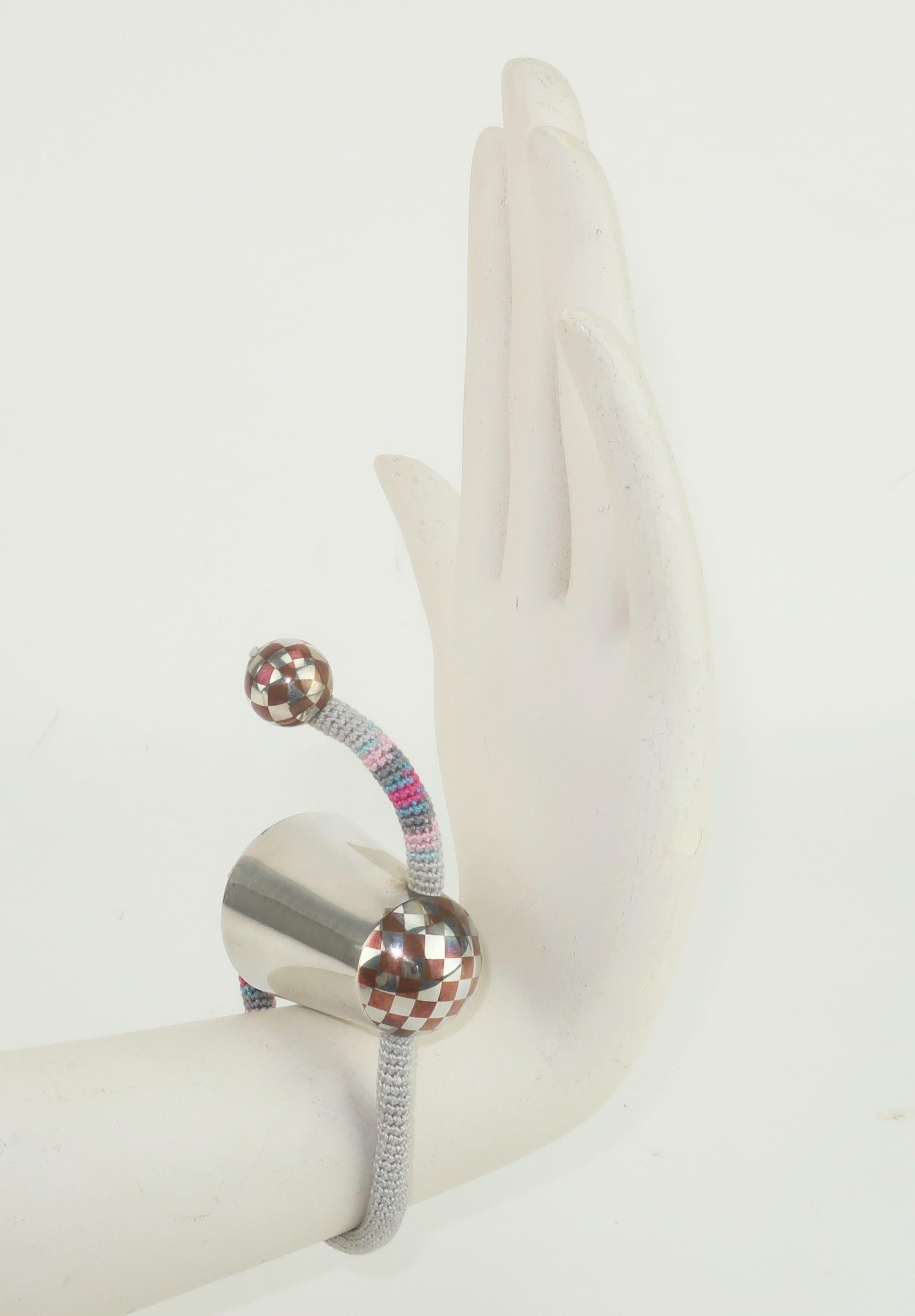 Modernist Postmodern Sterling Silver & Silk Cord Tension Bracelet For Sale