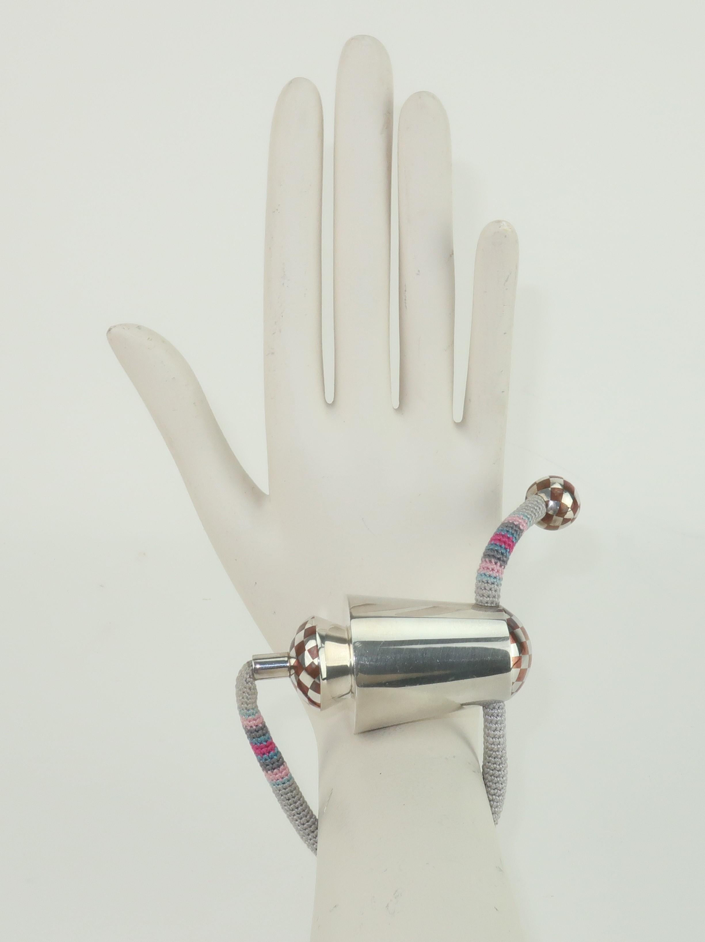 Postmodern Sterling Silver & Silk Cord Tension Bracelet In Good Condition For Sale In Atlanta, GA