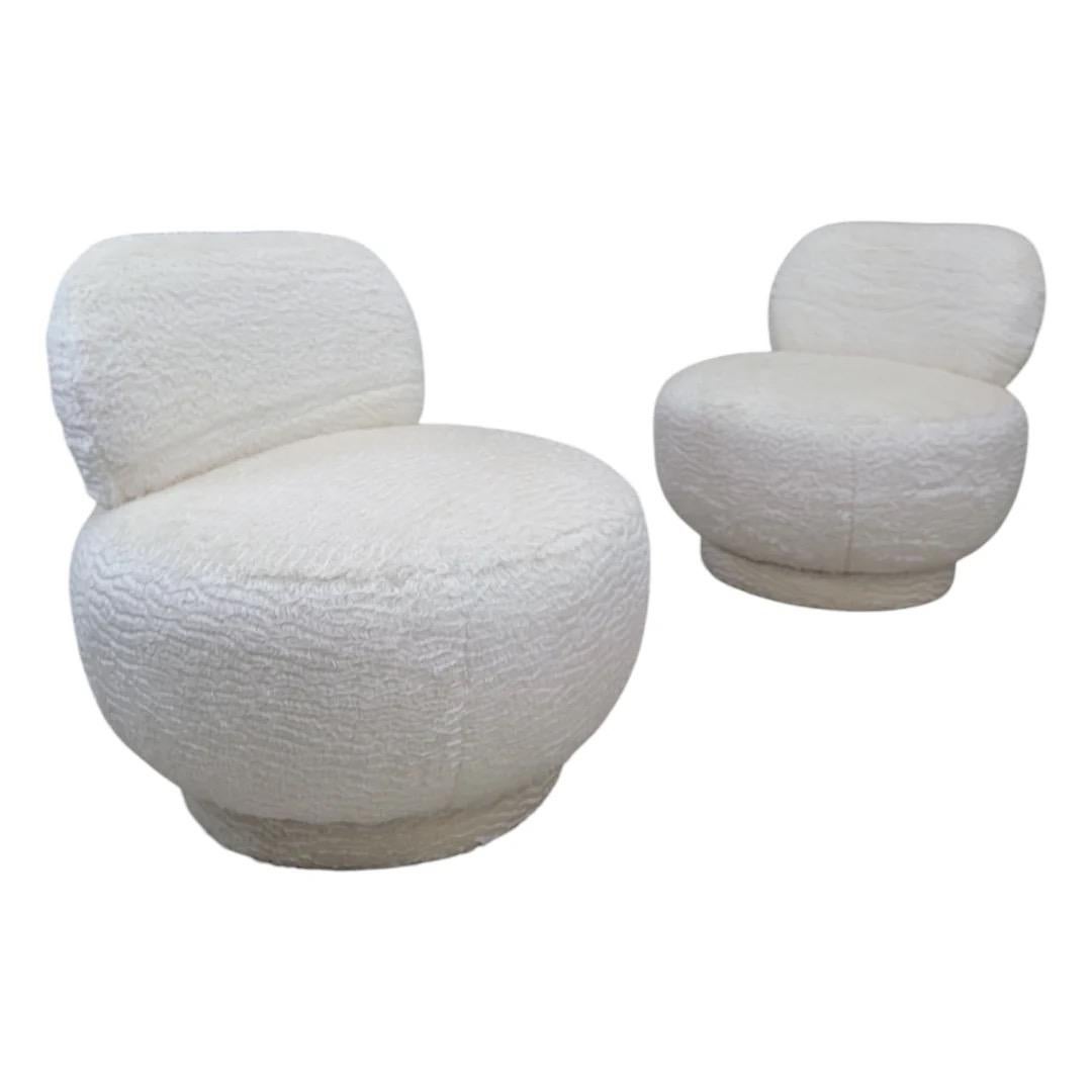 Postmodern Steve Chase Style Pouf Swivel Lounge Chair Newly Upholstered in Natural Blonde Alpaca Wool - Pair

Newly custom upholstered in luxurious natural blonde alpaca wool, this chair offers a soft, inviting texture while ensuring durability. Its