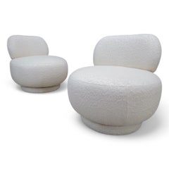 Postmodern Steve Chase Style Swivel Pouf Lounge Chair In Boucle - Pair