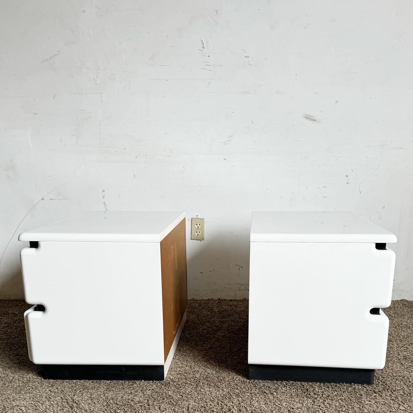 20th Century Postmodern Storm Trooper White Lacquered and Black Nightstands by Reuben's For Sale