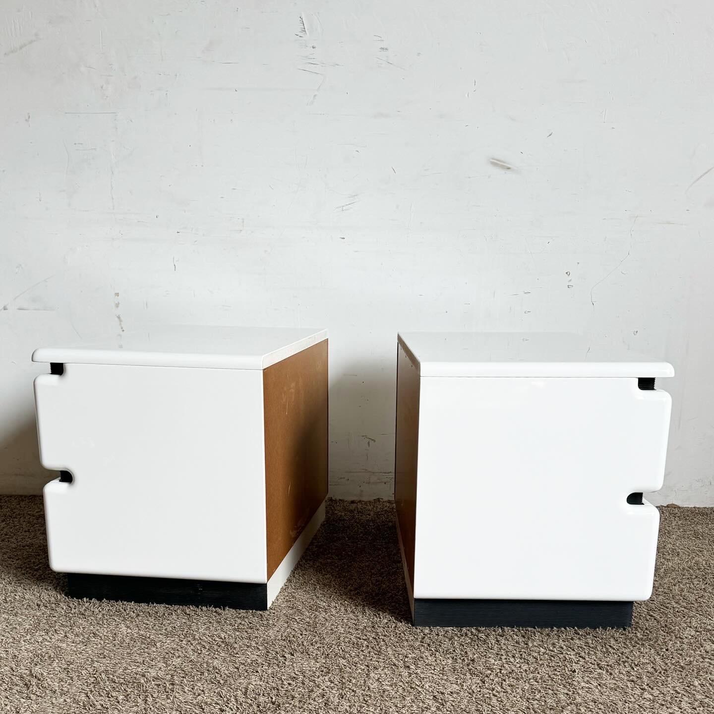 Postmodern Storm Trooper White Lacquered and Black Nightstands by Reuben's For Sale 1