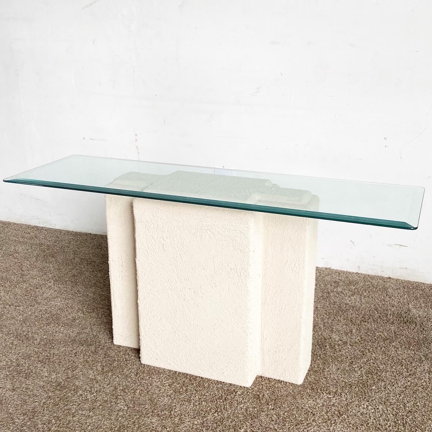 Postmodern Stucco Plaster Glass Top Console Table In Good Condition For Sale In Delray Beach, FL