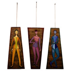 Postmodern Studio Art Figurative Fashionistas Colored Enamel on Copper Hanging