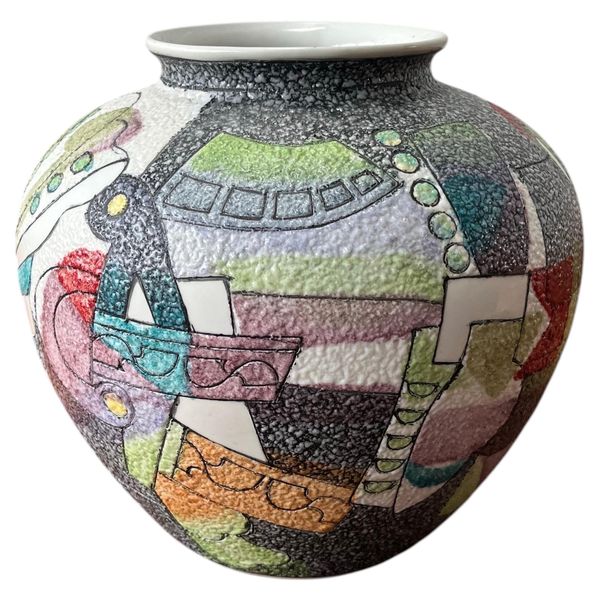 Postmodern Studio Pottery Vase, Textured Fat Lava Glaze Abstract Memphis Style