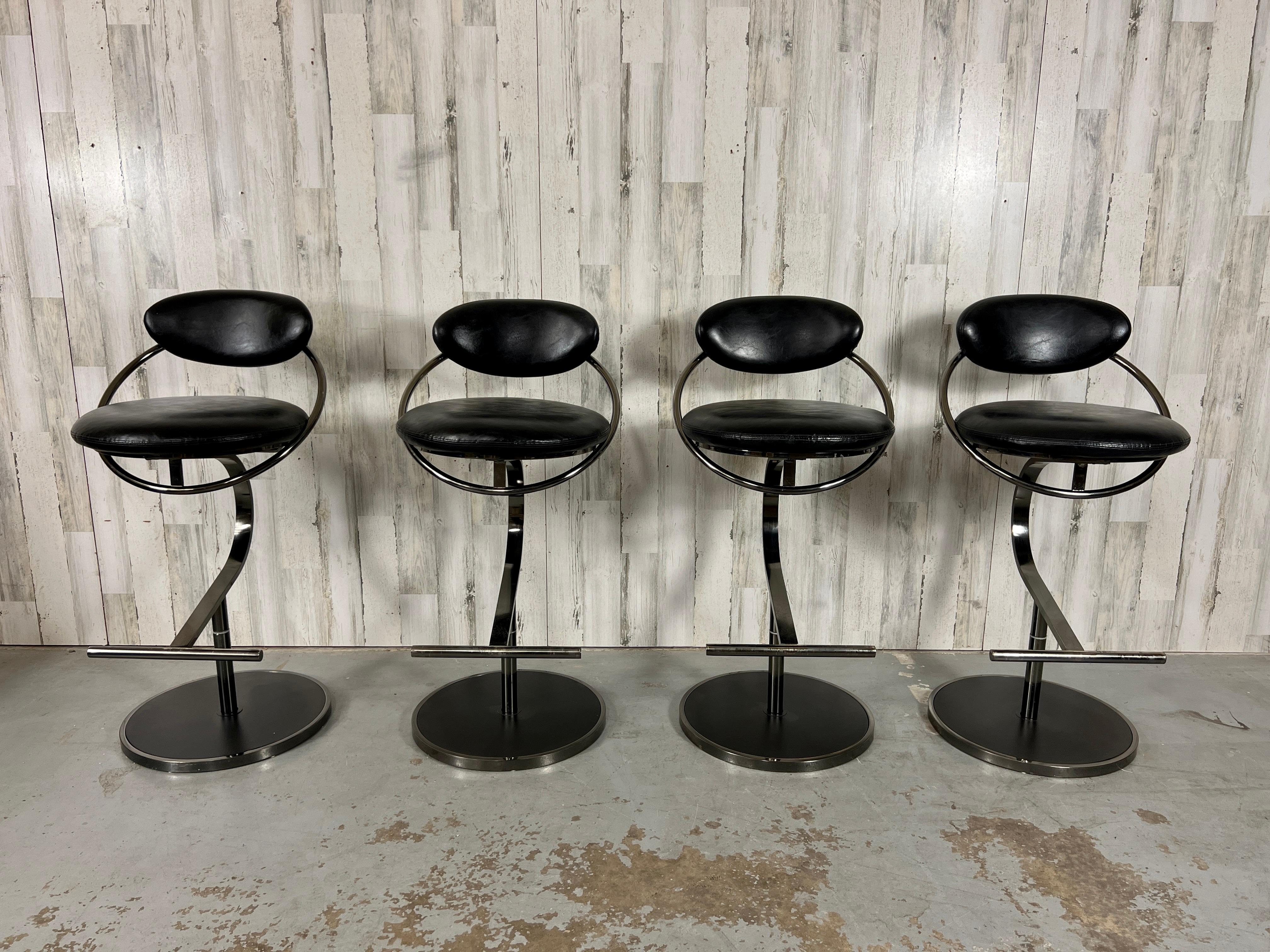 Postmodern Swivel Chrome & Leather Cantilever Barstools By Design Institute Of America with original faux leather seat and back very comfortable.