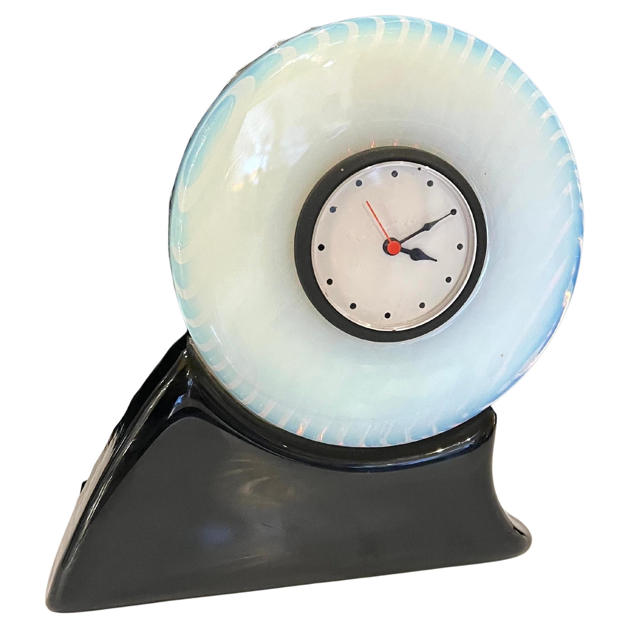 Very cool and unique uranium glass postmodern table desk clock, circa 1980's.
