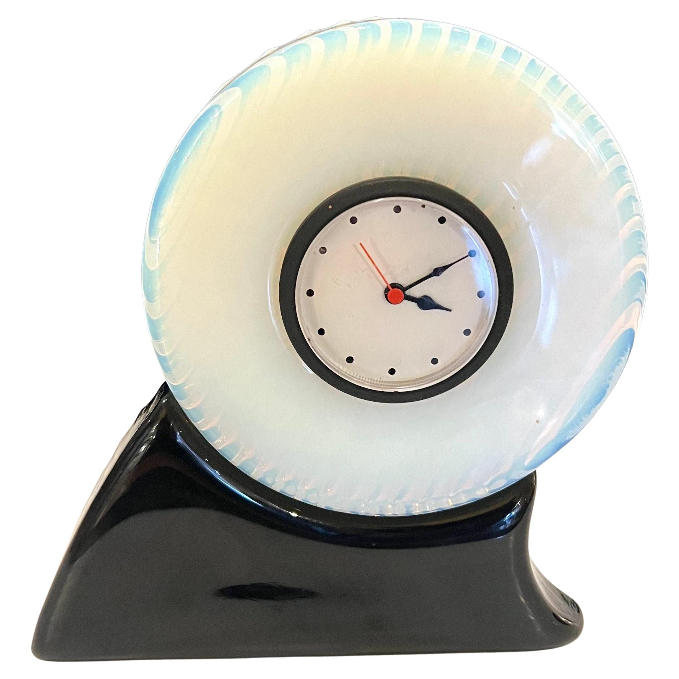 Postmodern Table desk Clock in Uranium White Milk Glass For Sale