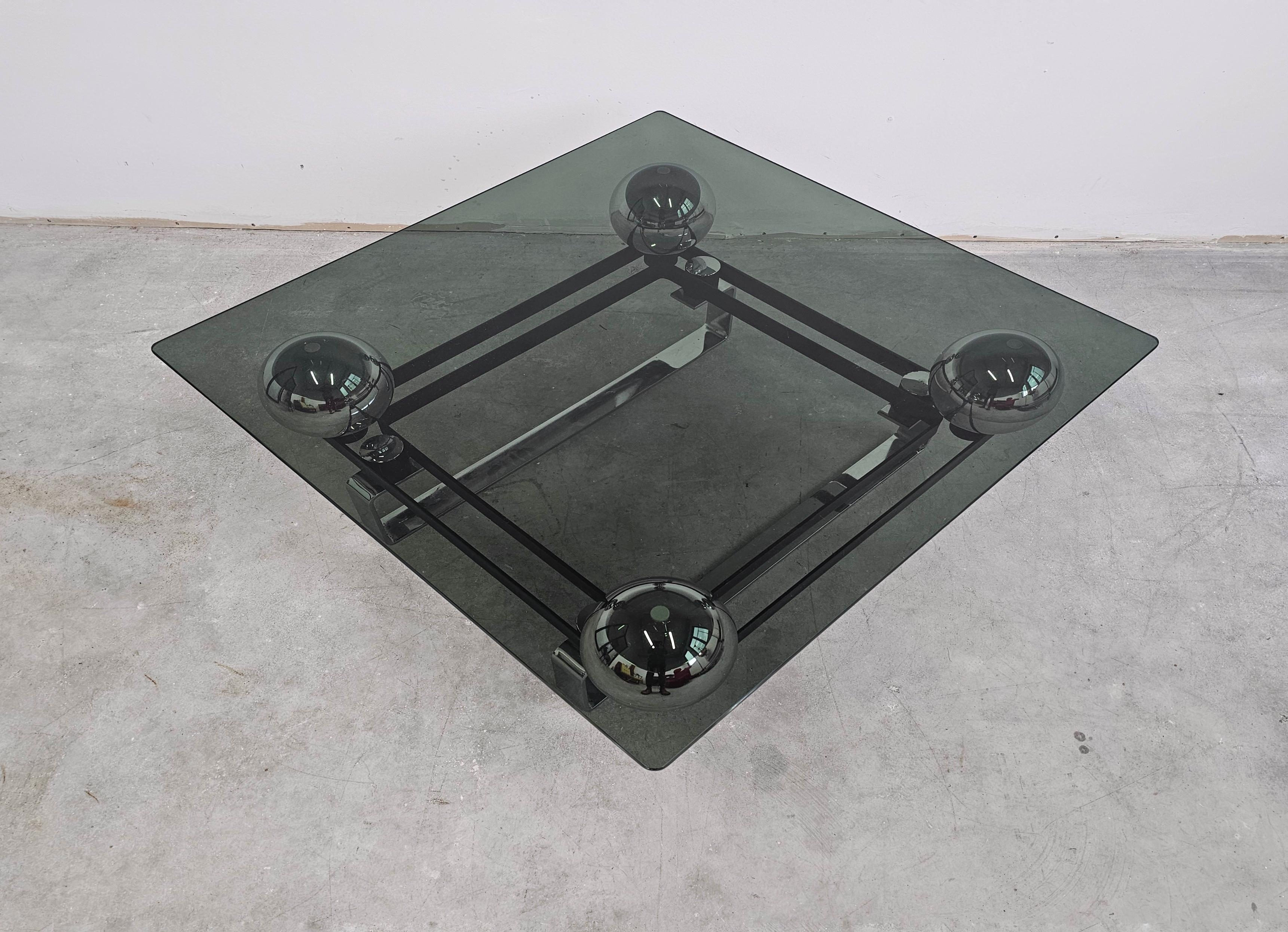 Glass Postmodern table done in chrome plated steel and tinted glass, France 1970s For Sale