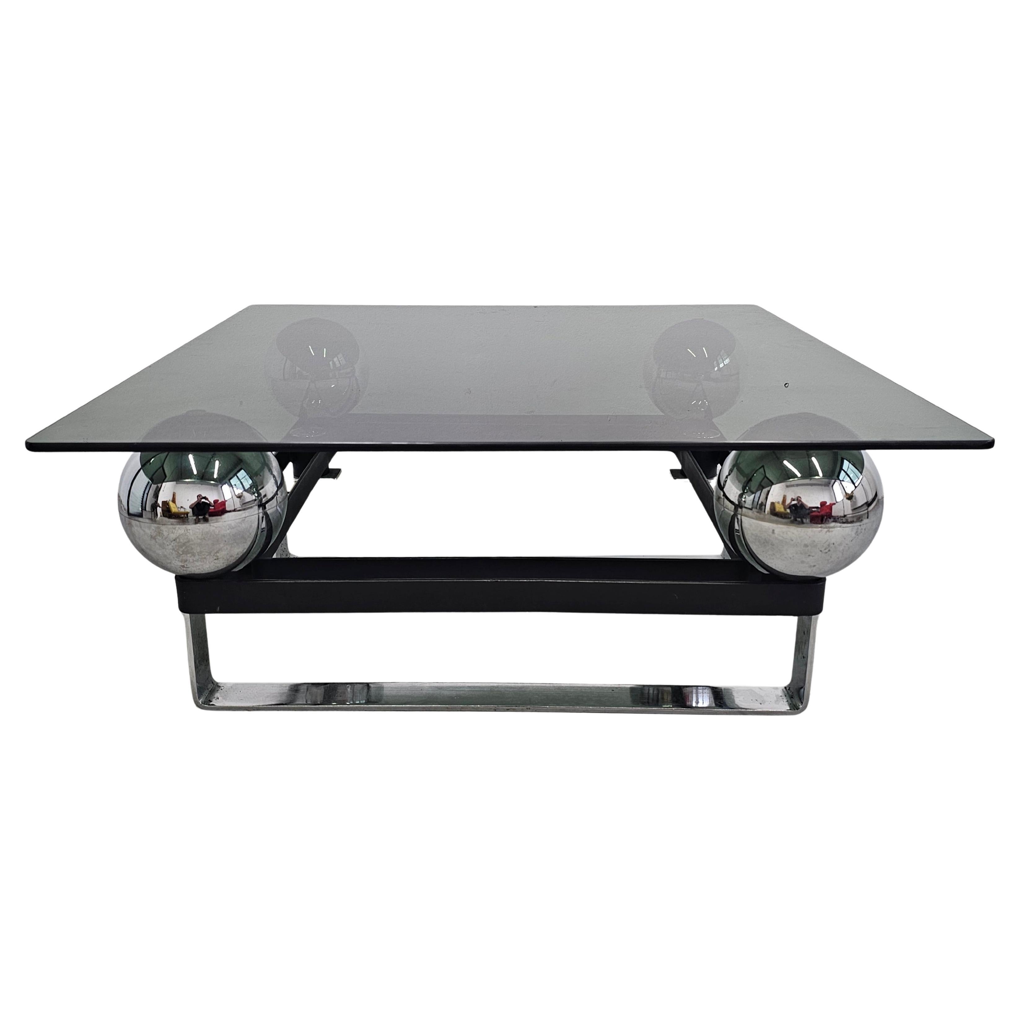 Postmodern table done in chrome plated steel and tinted glass, France 1970s