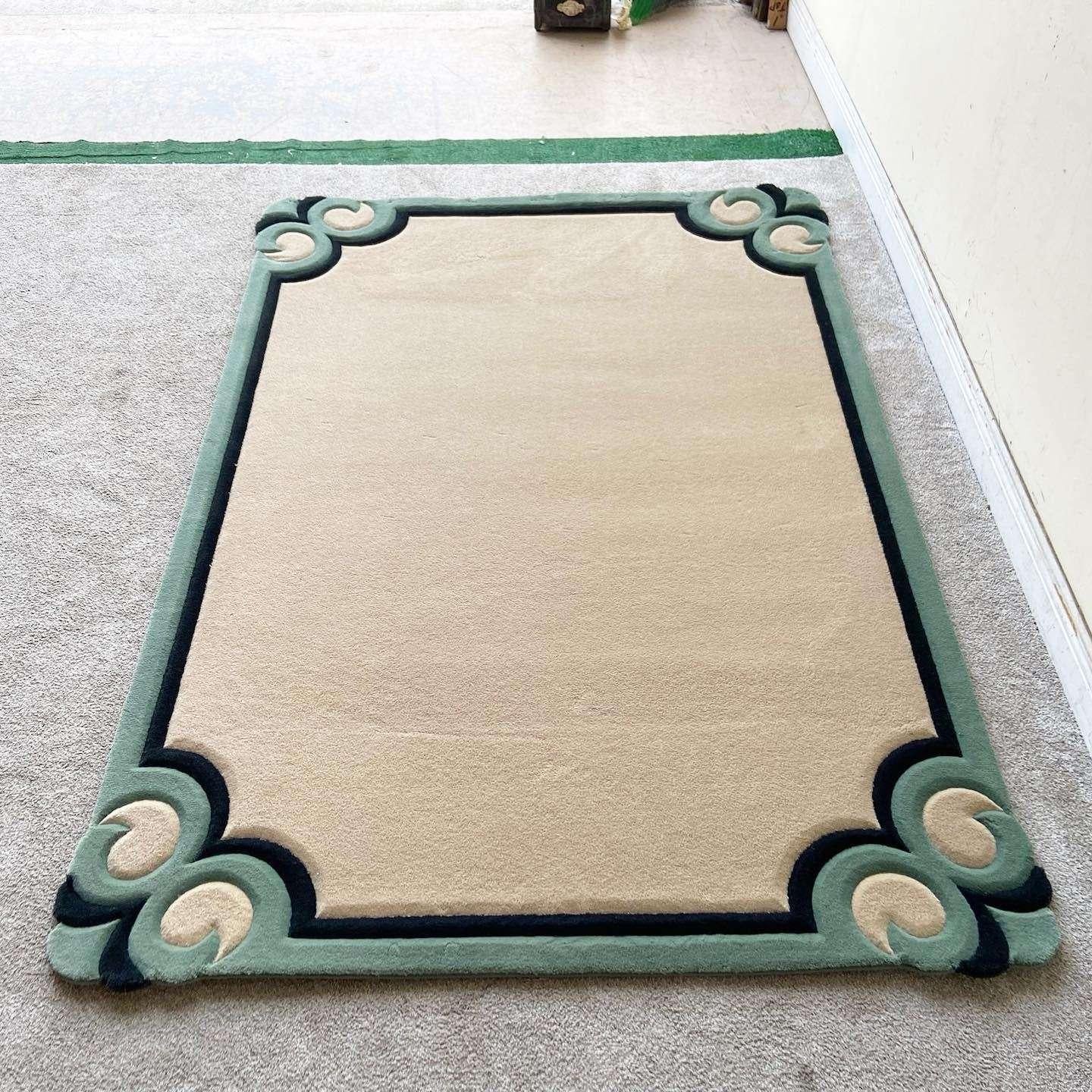 Postmodern Tan, Black and Green Rectangular Area Rug In Good Condition For Sale In Delray Beach, FL