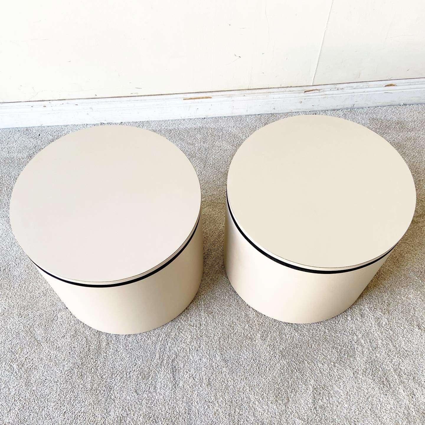 Post-Modern Postmodern Tan & Black Lacquer Laminate Circular Side Tables on Casters - a Pair For Sale