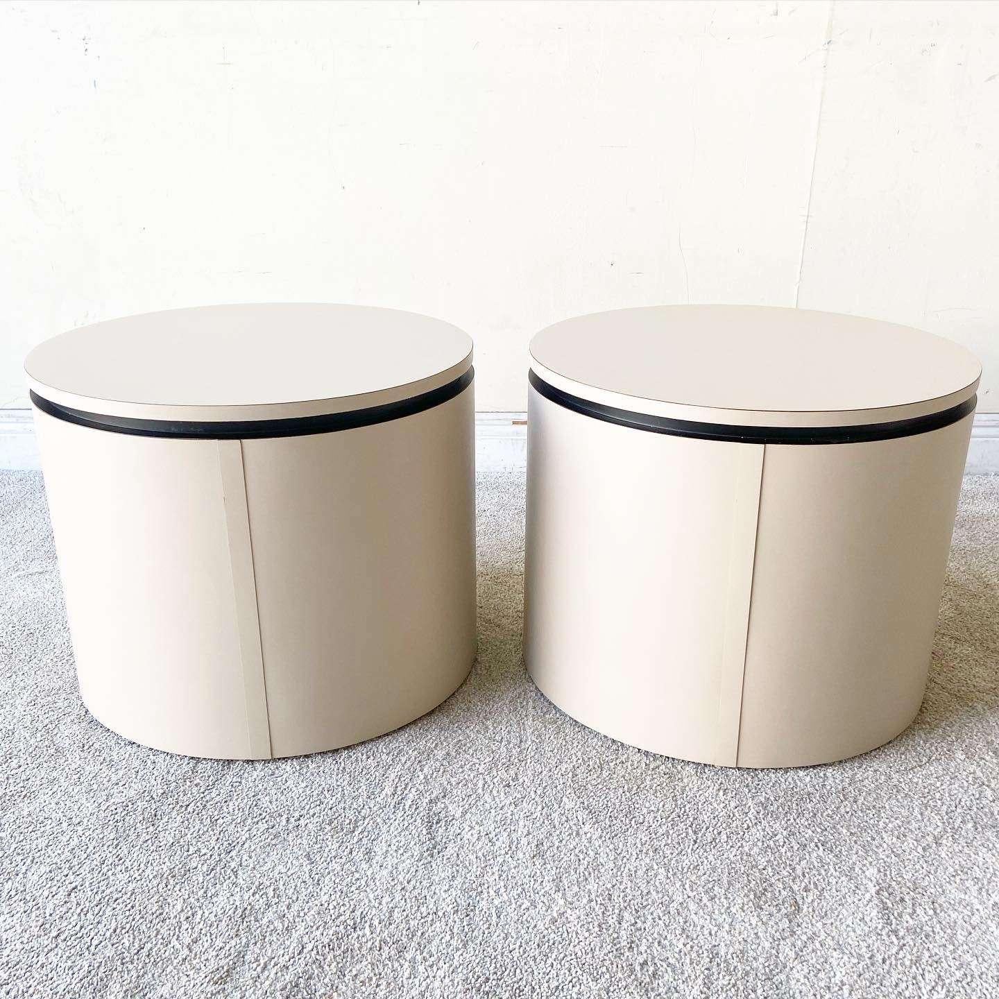 American Postmodern Tan & Black Lacquer Laminate Circular Side Tables on Casters - a Pair For Sale
