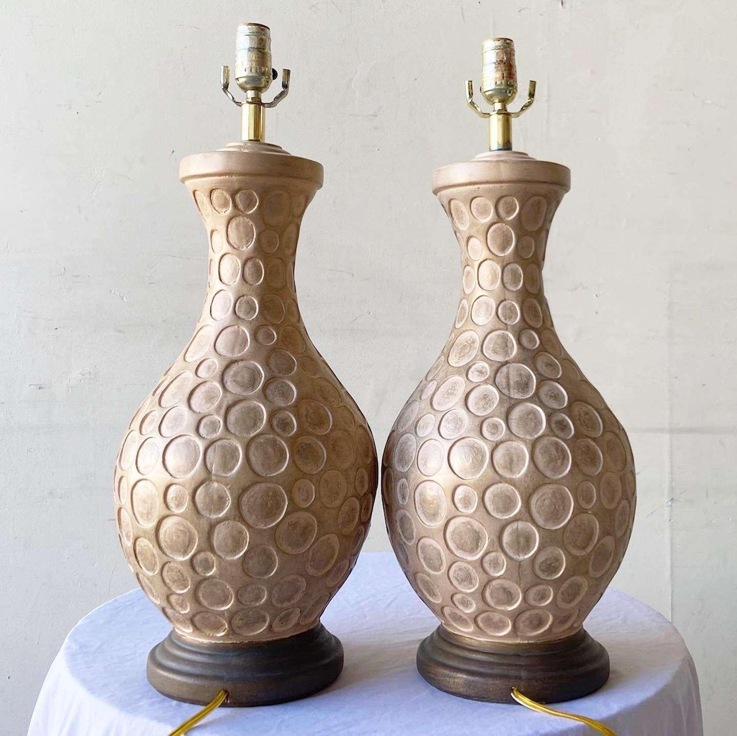 Post-Modern Postmodern Tan Ceramic Table Lamps on Wood Bases - a Pair For Sale