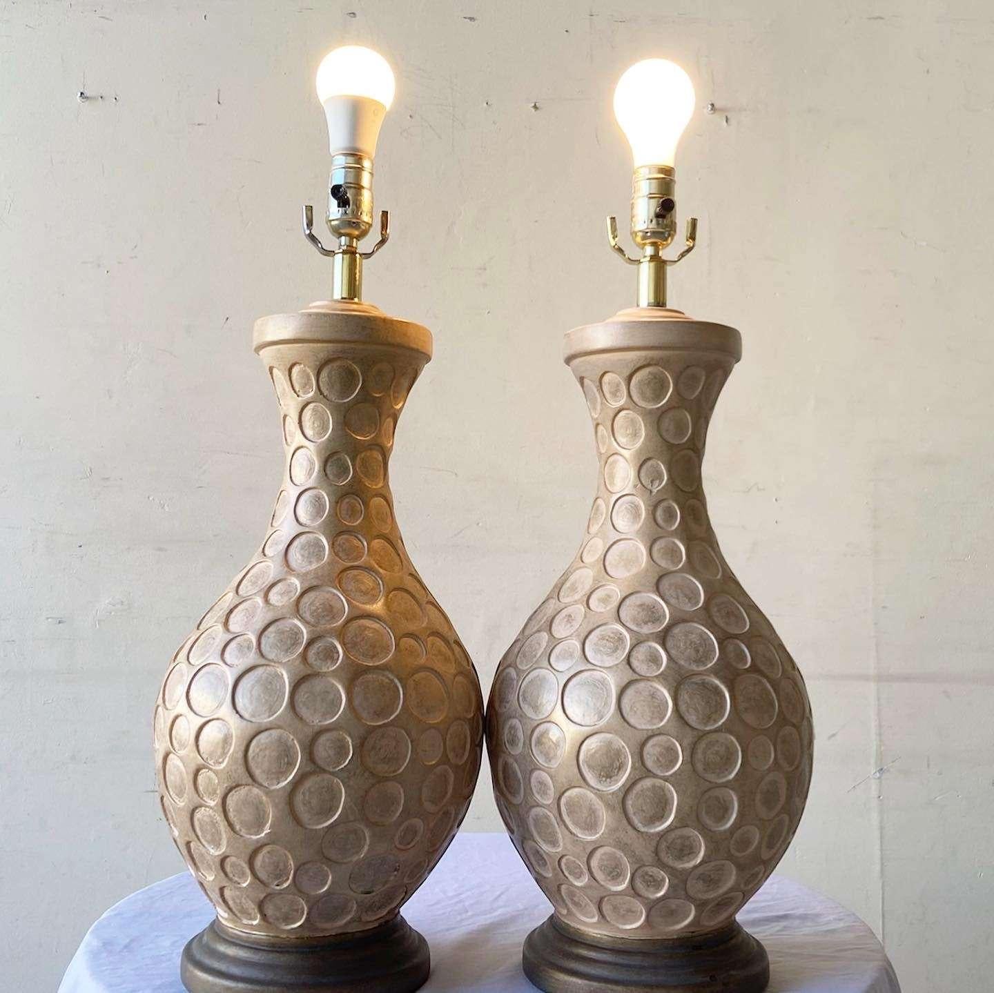 Postmodern Tan Ceramic Table Lamps on Wood Bases - a Pair In Good Condition For Sale In Delray Beach, FL