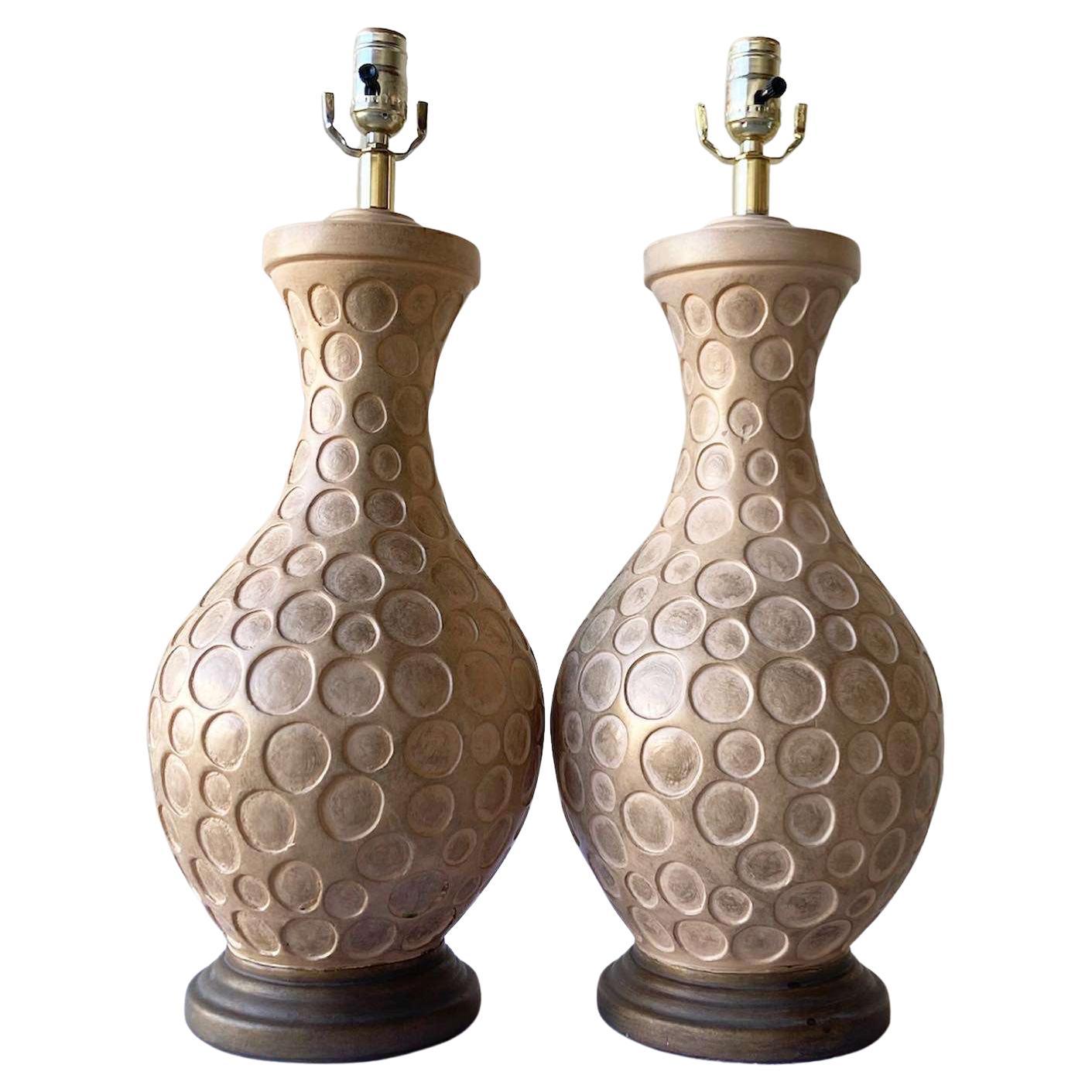 Postmodern Tan Ceramic Table Lamps on Wood Bases - a Pair For Sale