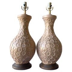 Vintage Postmodern Tan Ceramic Table Lamps on Wood Bases - a Pair
