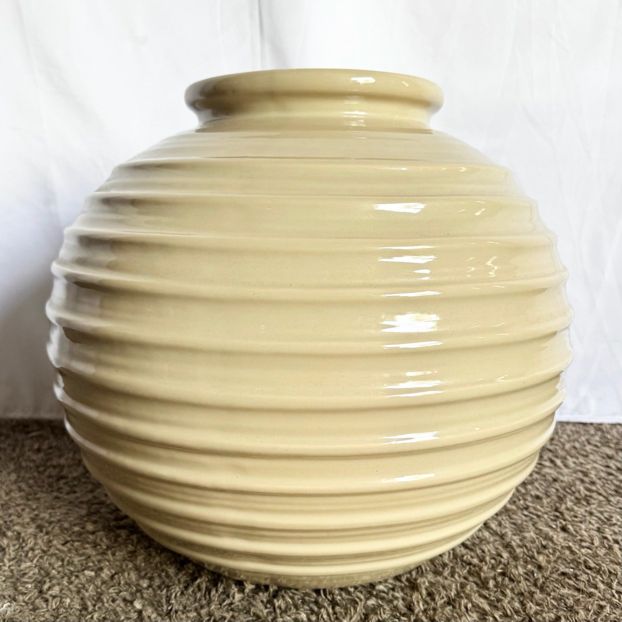 Late 20th Century Postmodern Tan Gloss Ceramic Ribbed Spherical Vase For Sale