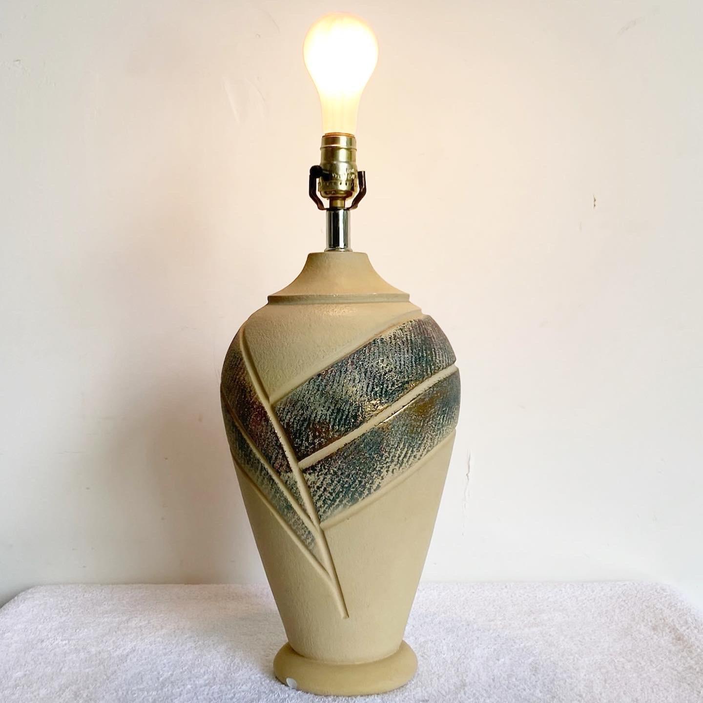 American Postmodern Tan Green and Purple Ceramic Table Lamp For Sale