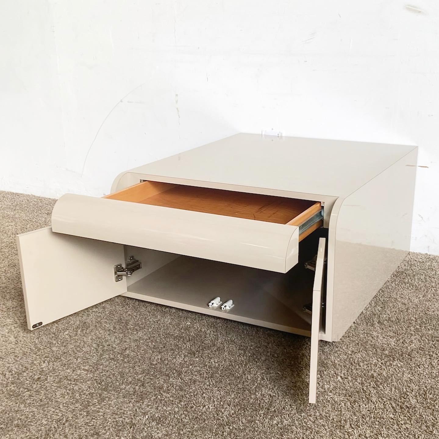 Post-Modern Postmodern Tan Lacquer Laminate Low Waterfall Table Cabinet For Sale