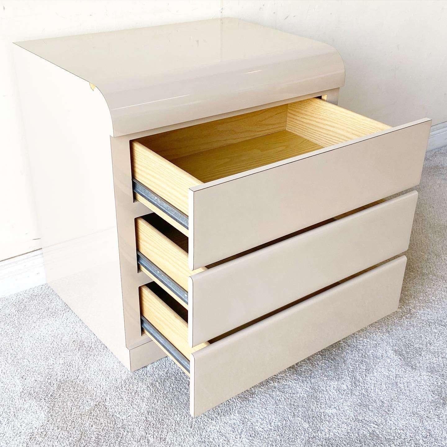 Post-Modern Postmodern Tan Lacquer Laminate Waterfall Commode - 3 Drawers For Sale