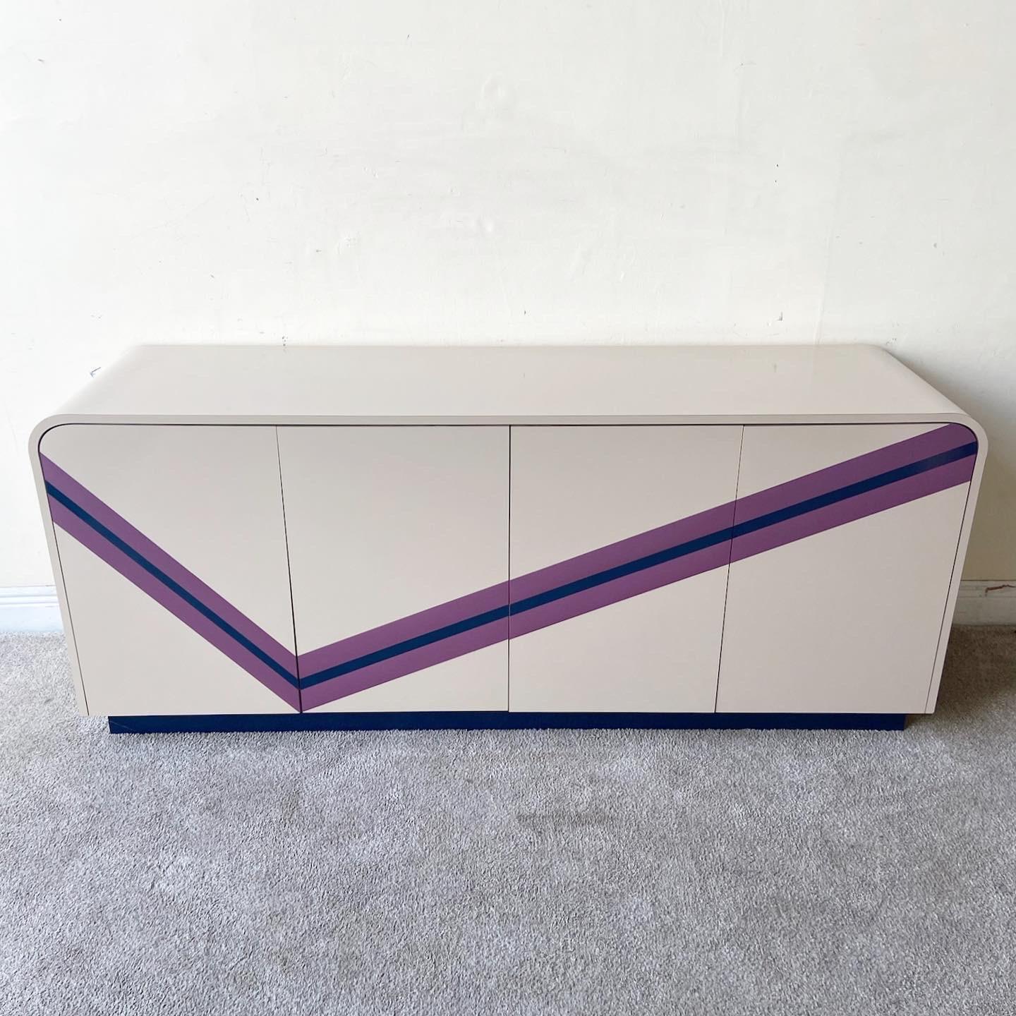 Post-Modern Postmodern Tan Lacquer Laminate Waterfall Credenza With Purple and Navy Blue Che