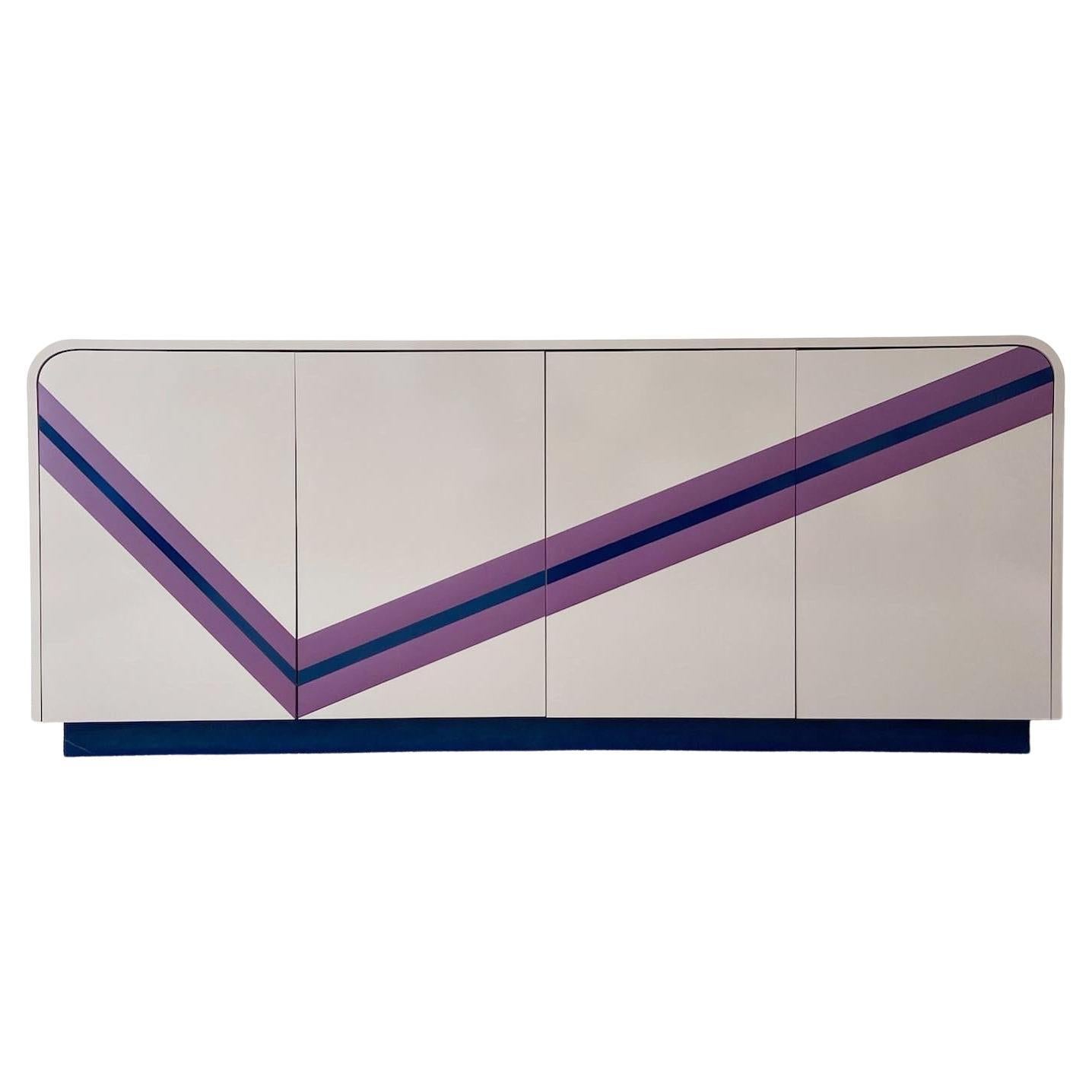 Postmodern Tan Lacquer Laminate Waterfall Credenza With Purple and Navy Blue Che