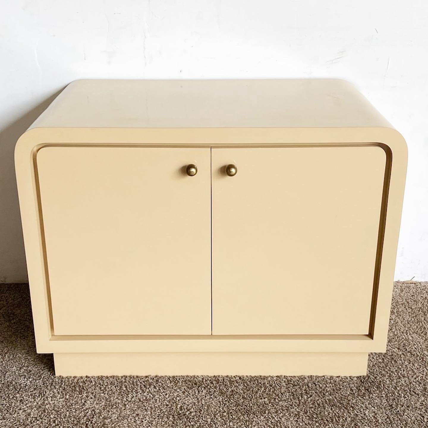 Late 20th Century Postmodern Tan Lacquer Laminate Waterfall Sideboard Cabinet For Sale