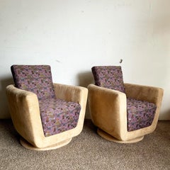 Postmodern Tan Micro Fiber and Purple Patterned Swivel Lounge Chairs - a Pair