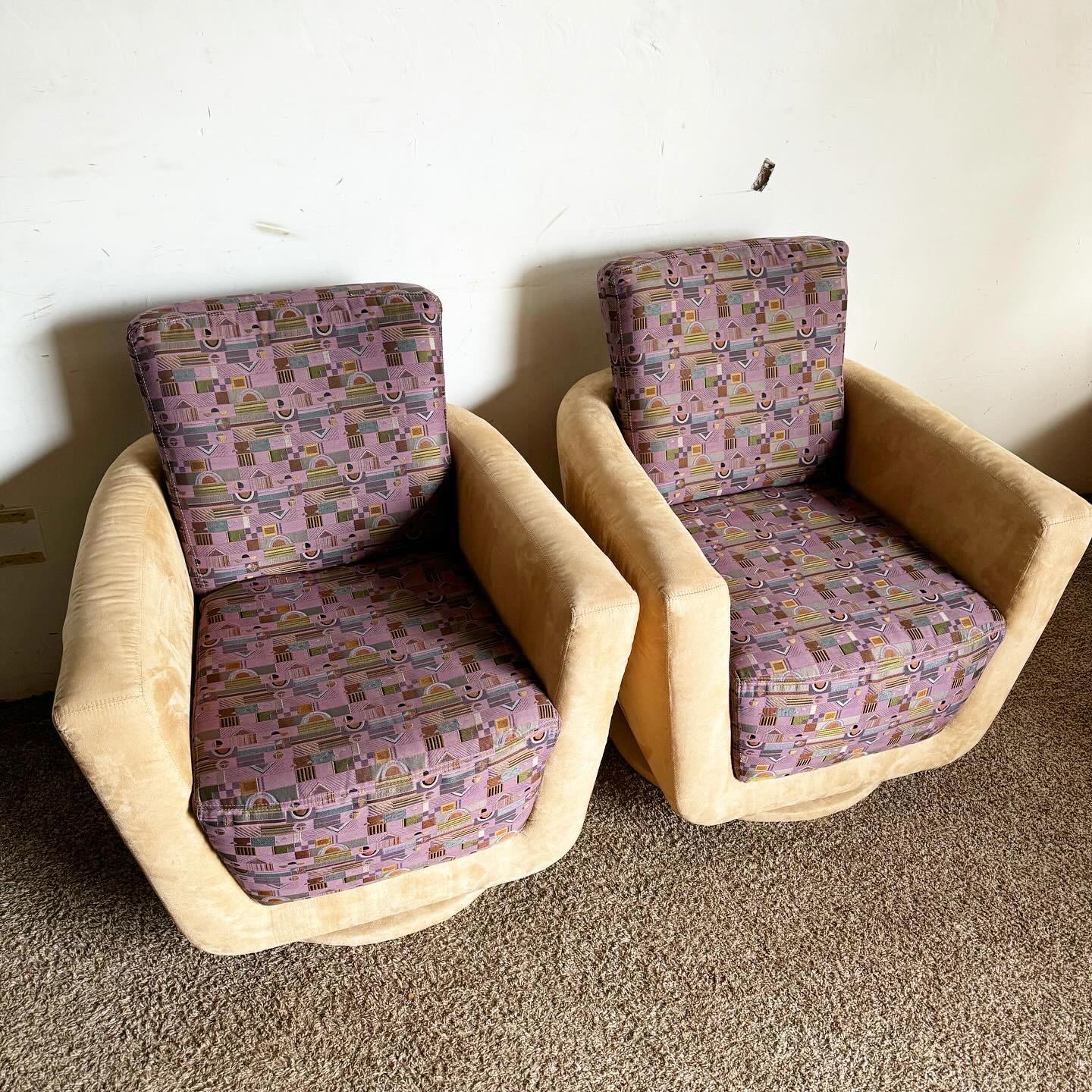 American Postmodern Tan Micro Fiber and Purple Patterned Swivel Lounge Chairs - a Pair For Sale