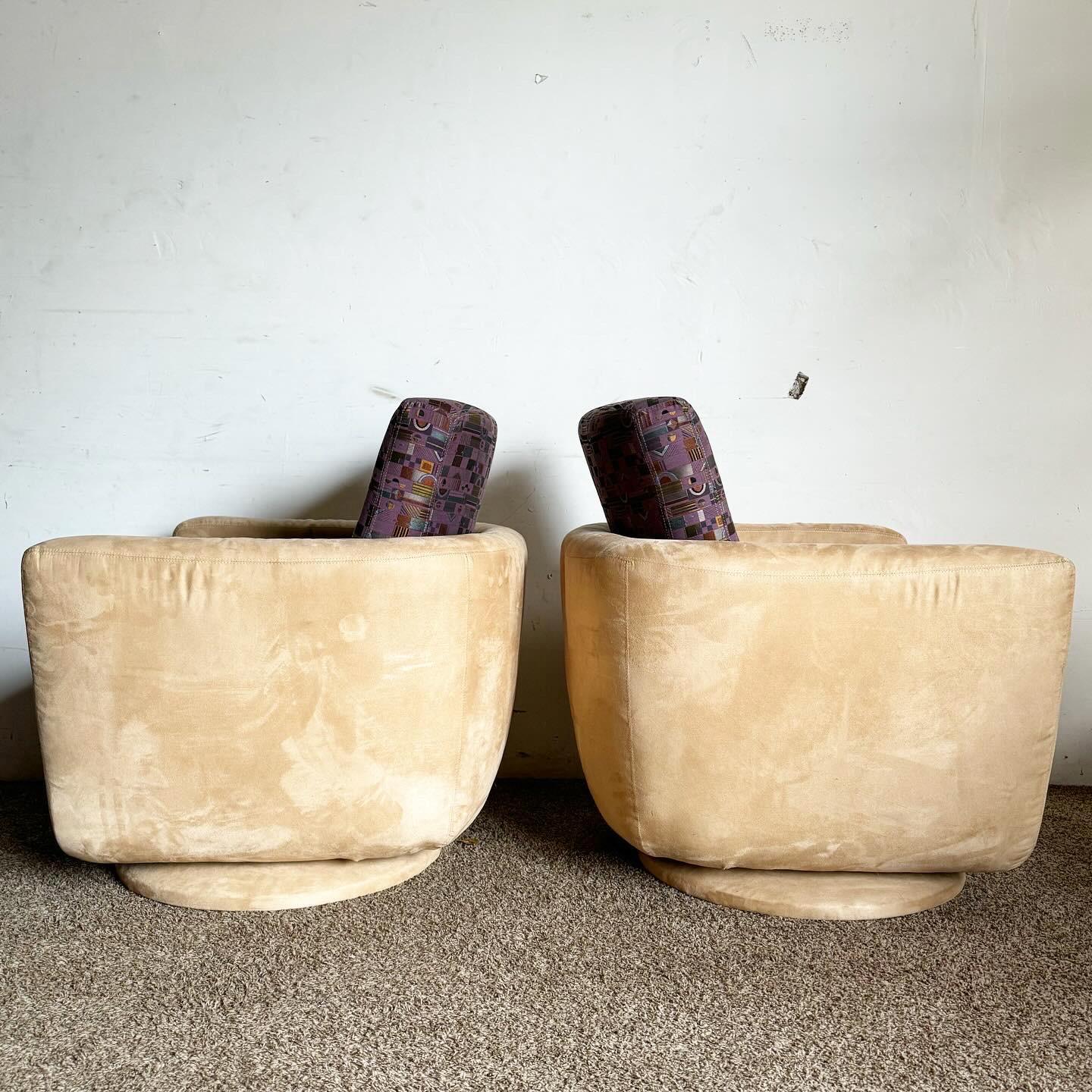Postmodern Tan Micro Fiber and Purple Patterned Swivel Lounge Chairs - a Pair In Good Condition For Sale In Delray Beach, FL