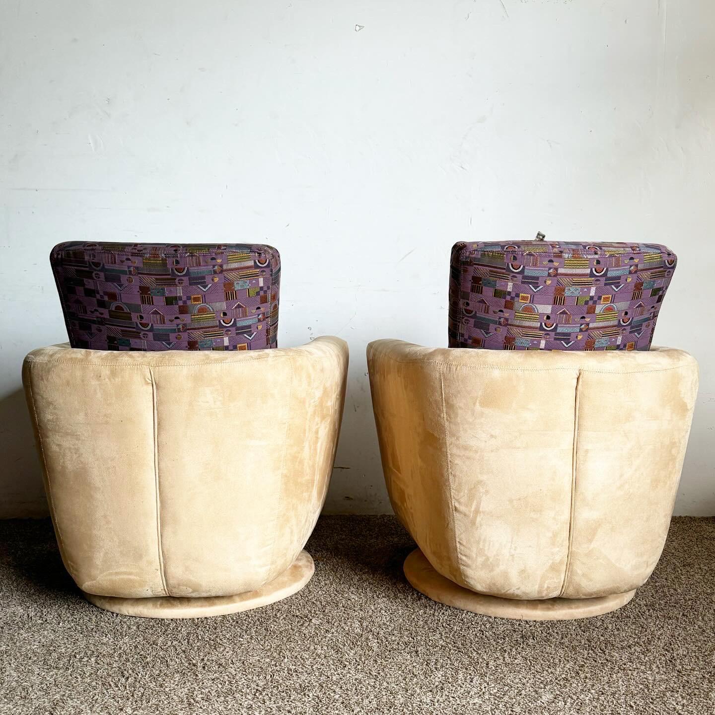 20th Century Postmodern Tan Micro Fiber and Purple Patterned Swivel Lounge Chairs - a Pair For Sale