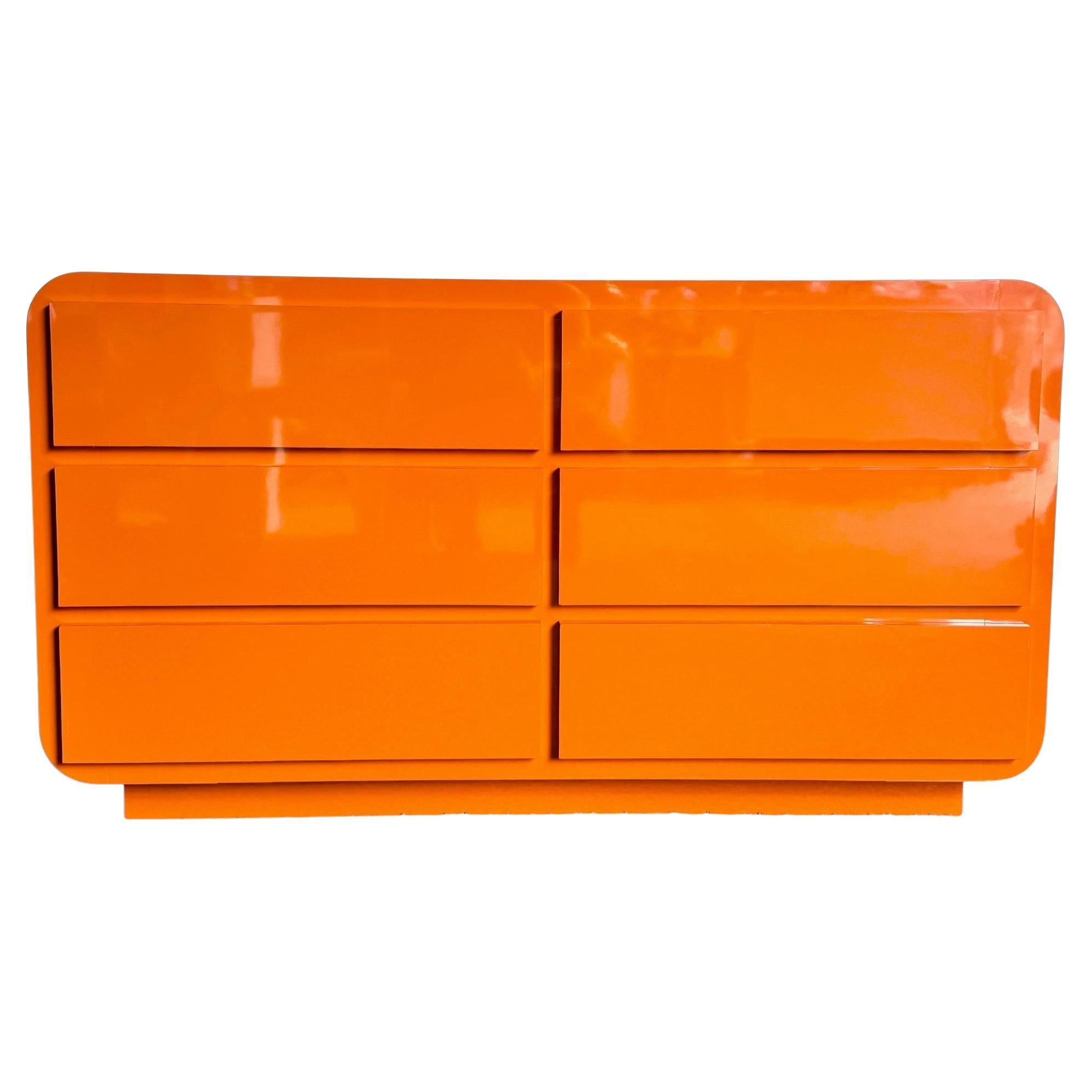 Postmodern Tangerine Orange Lacquer Laminate Waterfall Dresser