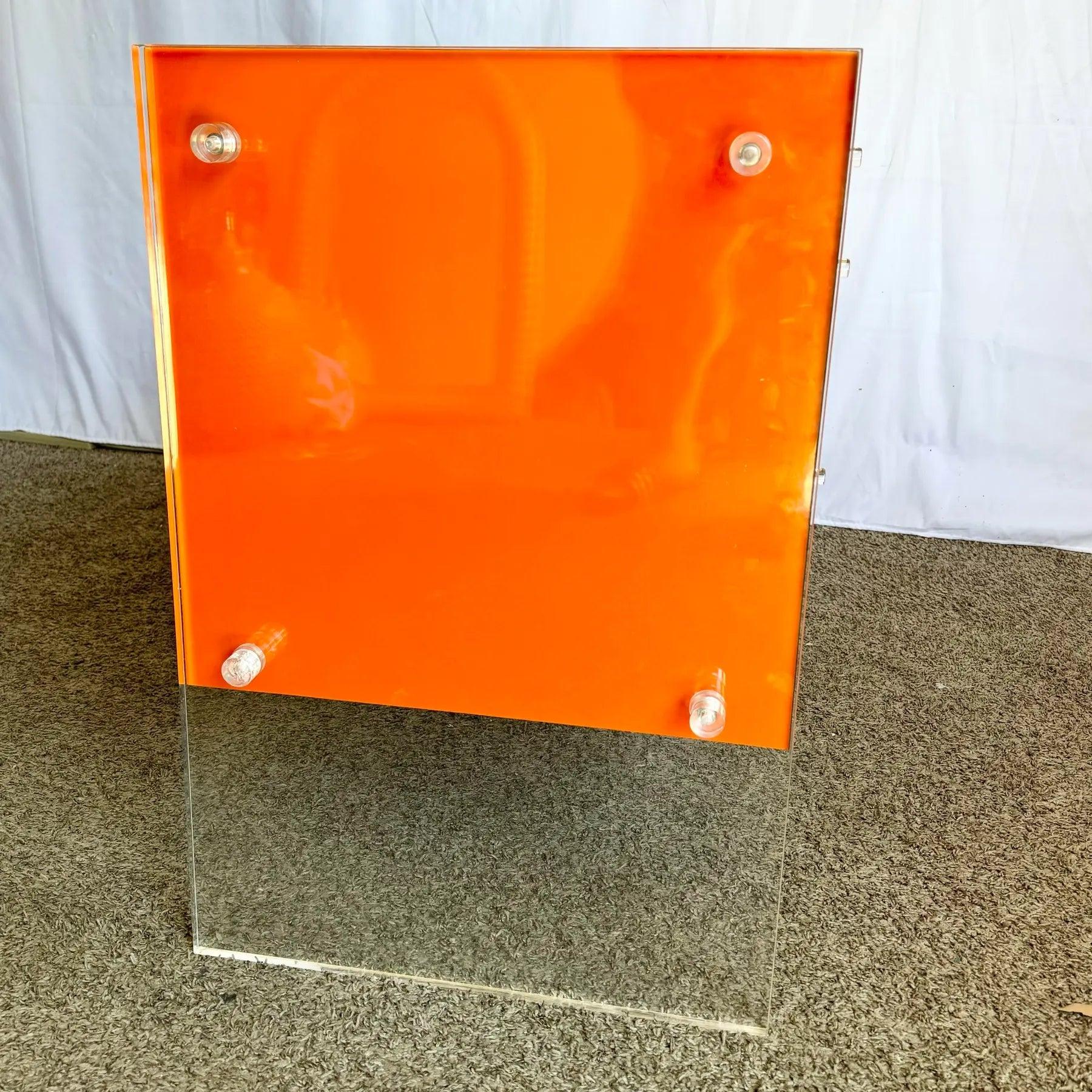Wood Postmodern Tangerine/Orange Laminate and Lucite Writing Desk For Sale