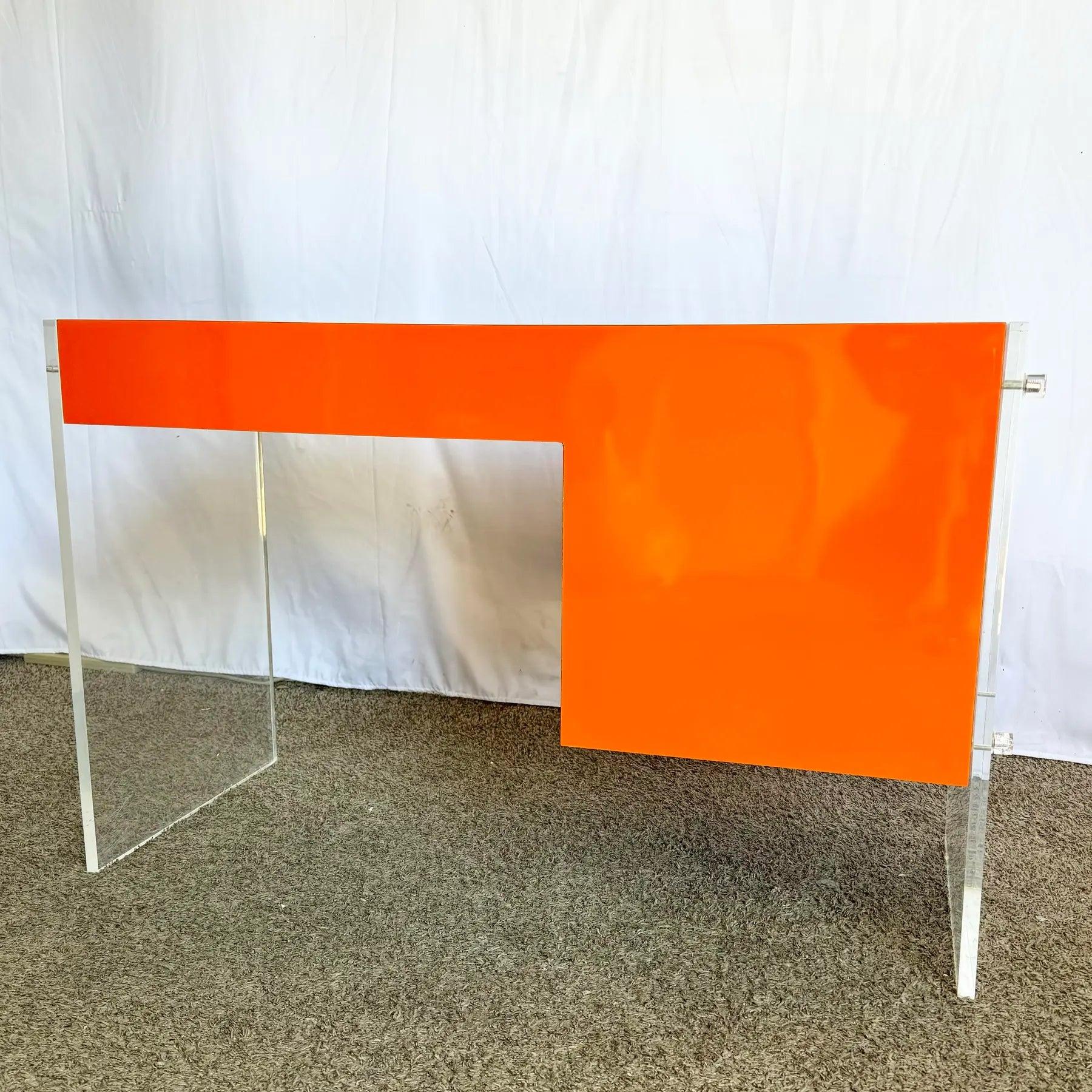 Postmodern Tangerine/Orange Laminate and Lucite Writing Desk For Sale 1