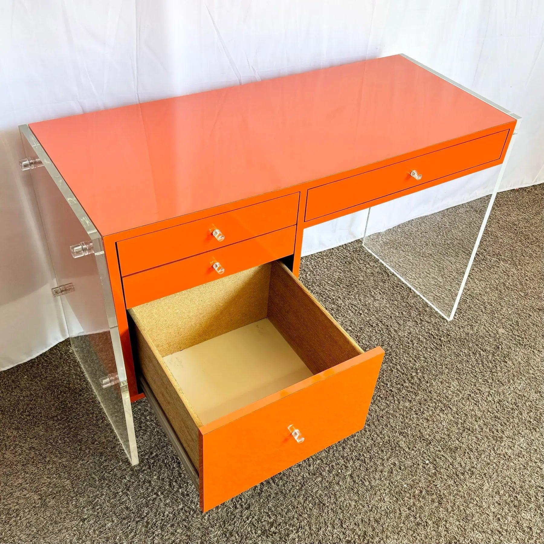 Postmodern Tangerine/Orange Laminate and Lucite Writing Desk For Sale 2