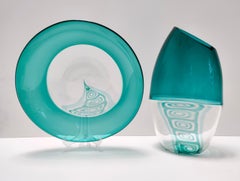 Postmodern Teal and Transparent Murano Glass Plate by La Murrina, Italy