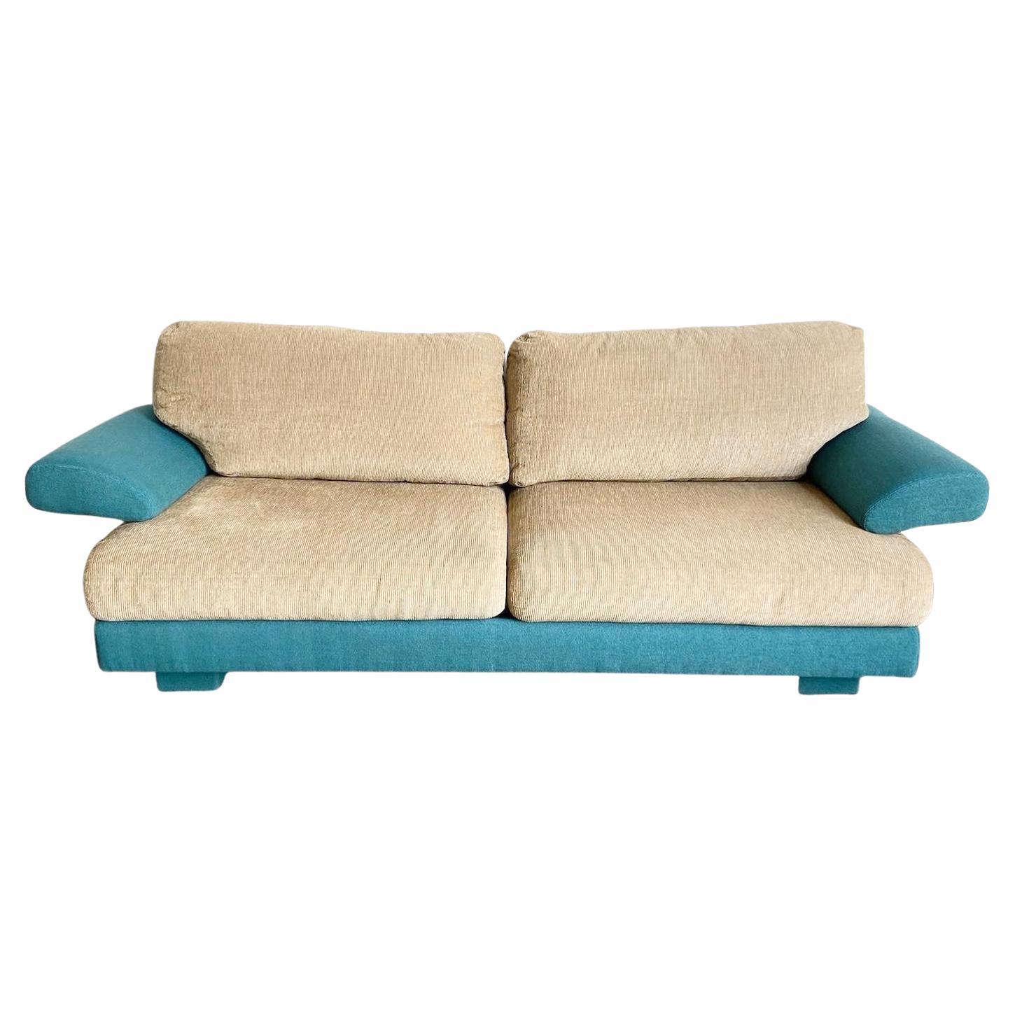 Postmodern Teal Blue and Tan Sculpted Sofa For Sale at 1stDibs