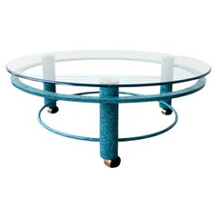 Postmodern Teal Blue Circular Beveled Glass Top Coffee Table on Casters
