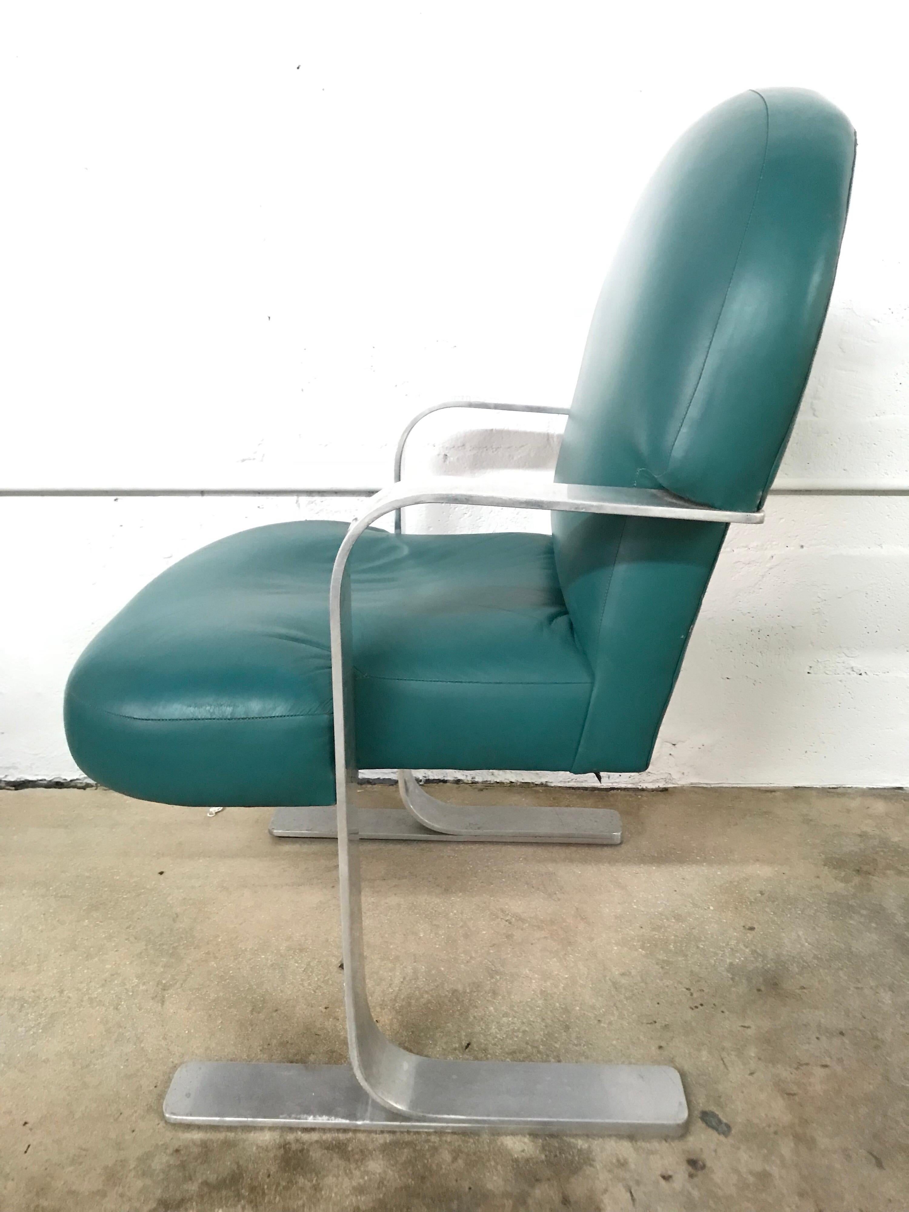 French Postmodern Teal Green Leather and Aluminum Armchair