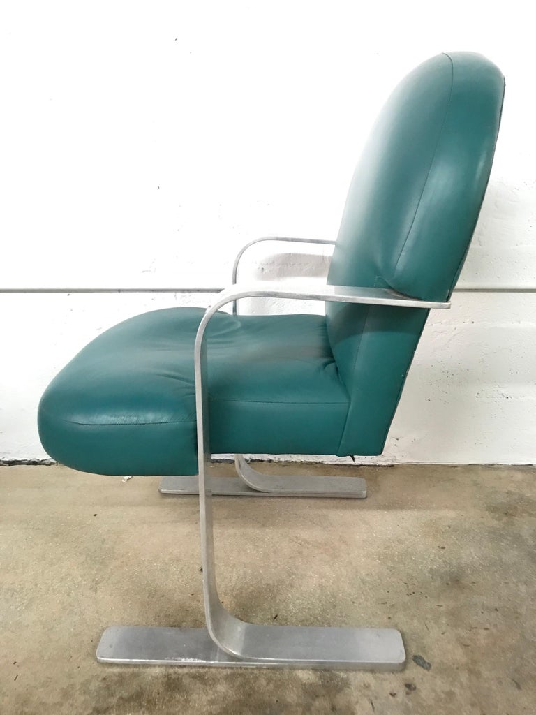 French Postmodern Teal Green Leather and Aluminum Armchair For Sale