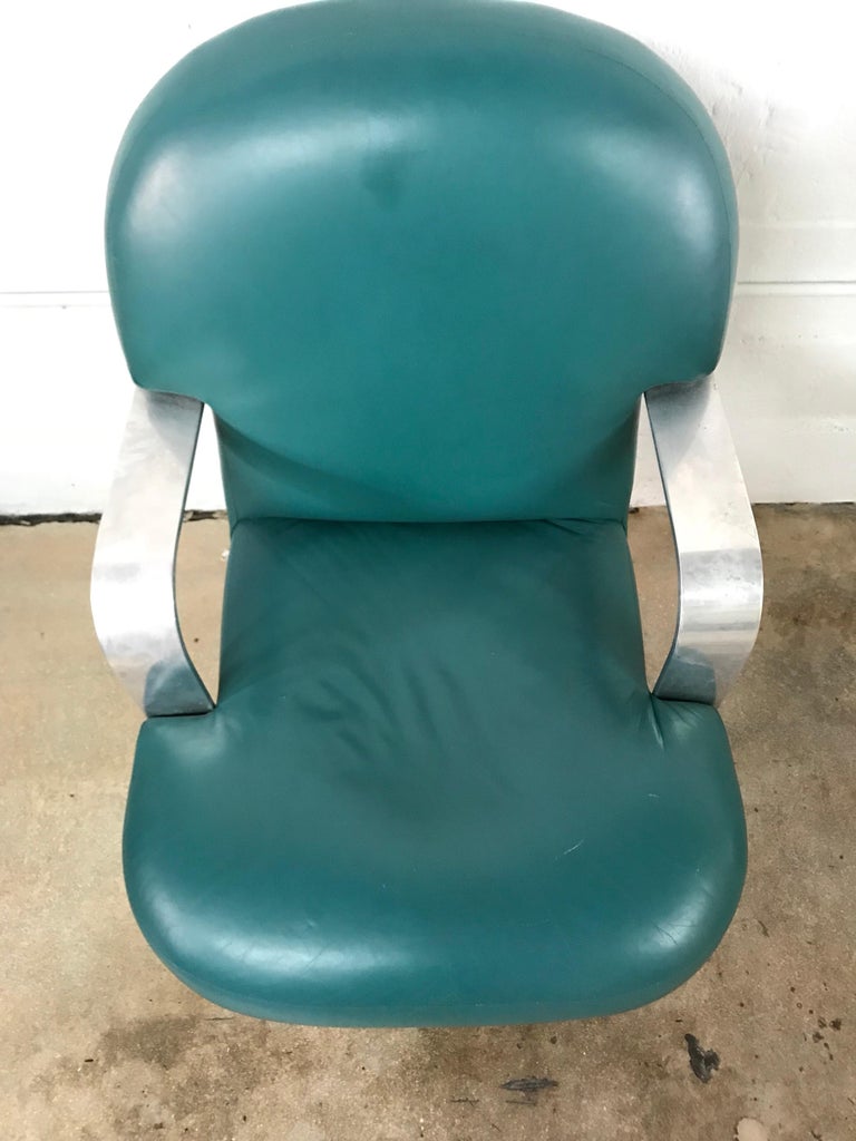 20th Century Postmodern Teal Green Leather and Aluminum Armchair For Sale